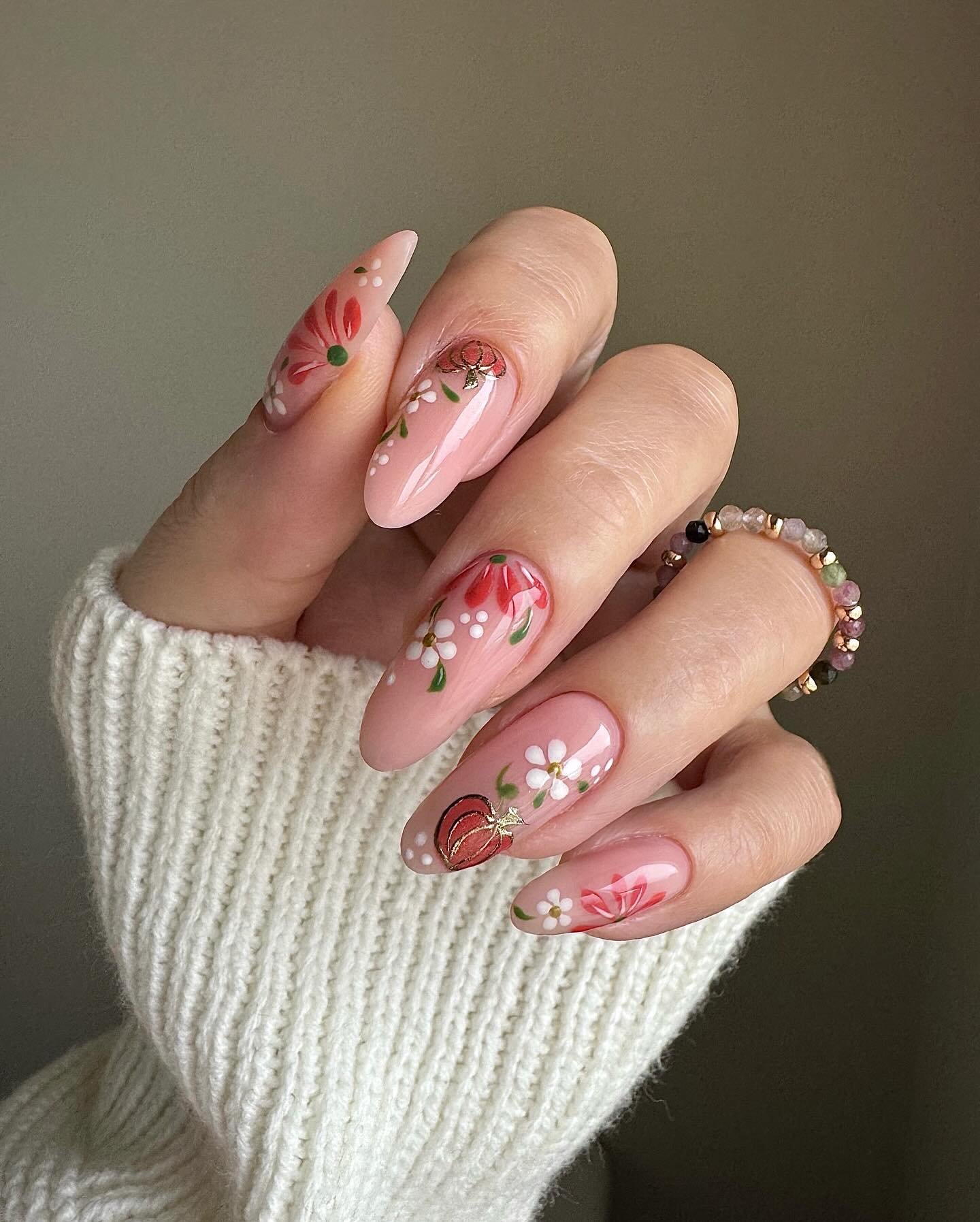 Pink Pumpkin Patch Floral Almond Nails