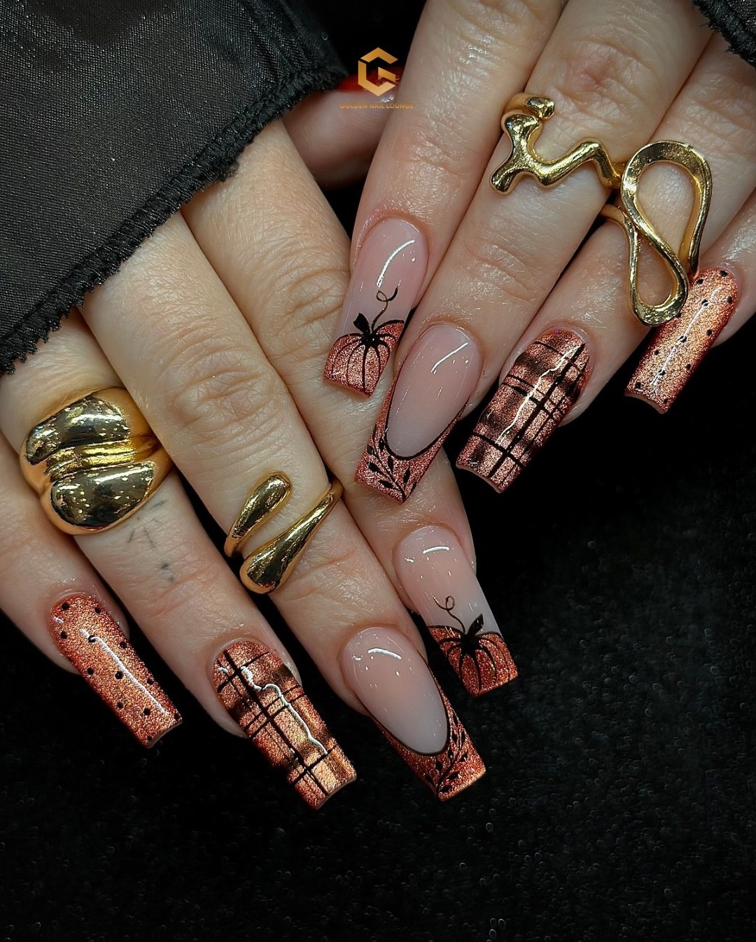 Glittery Pumpkin French Tip Coffin Nails
