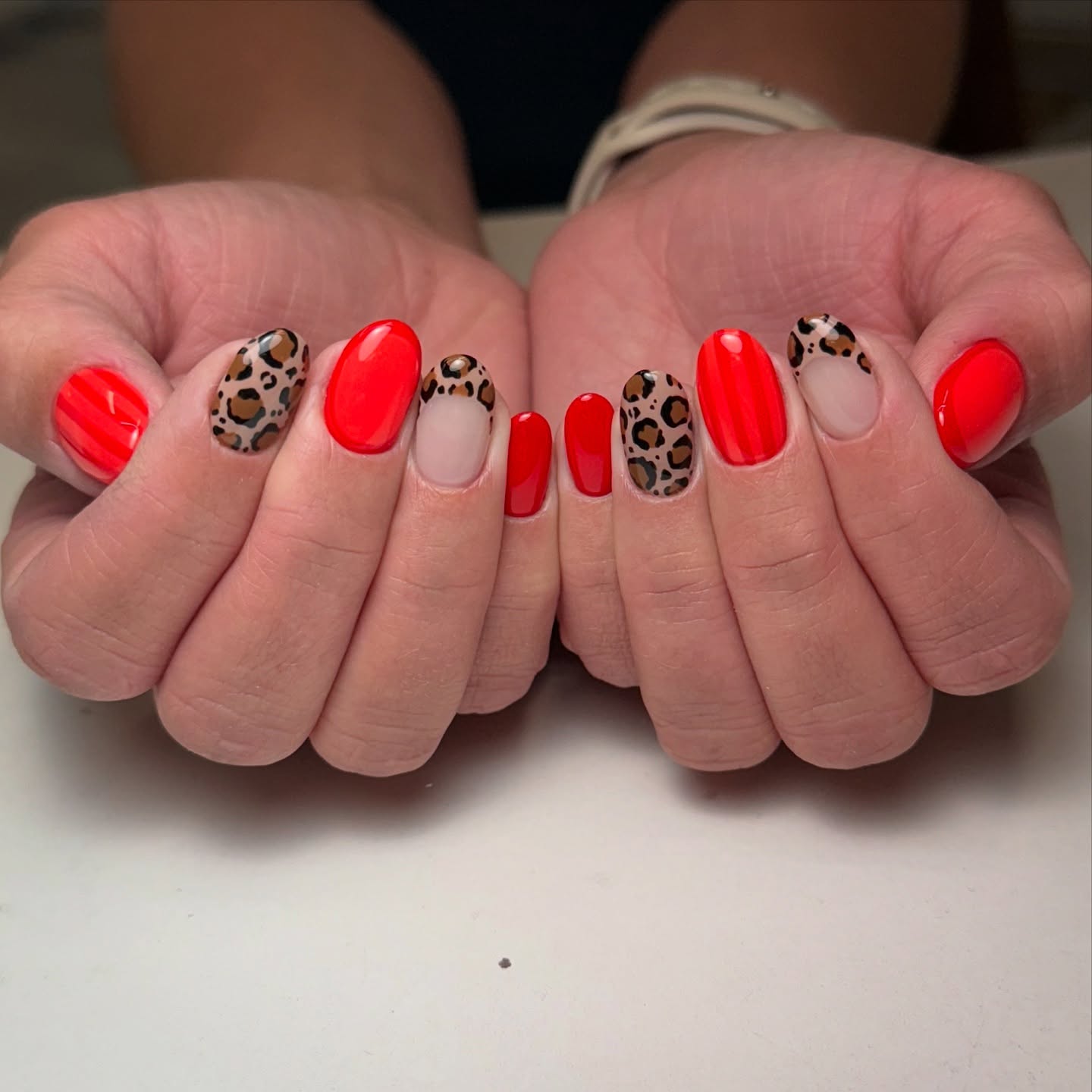 Bright Red Leopard French Tip Oval Nails
