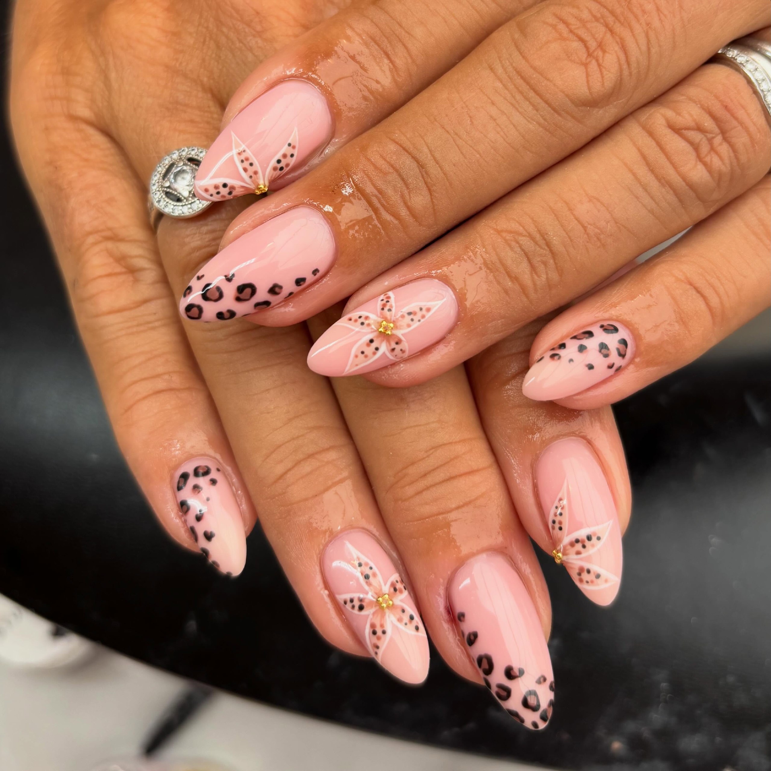 Blush Pink Leopard Flower Accent Almond Nails