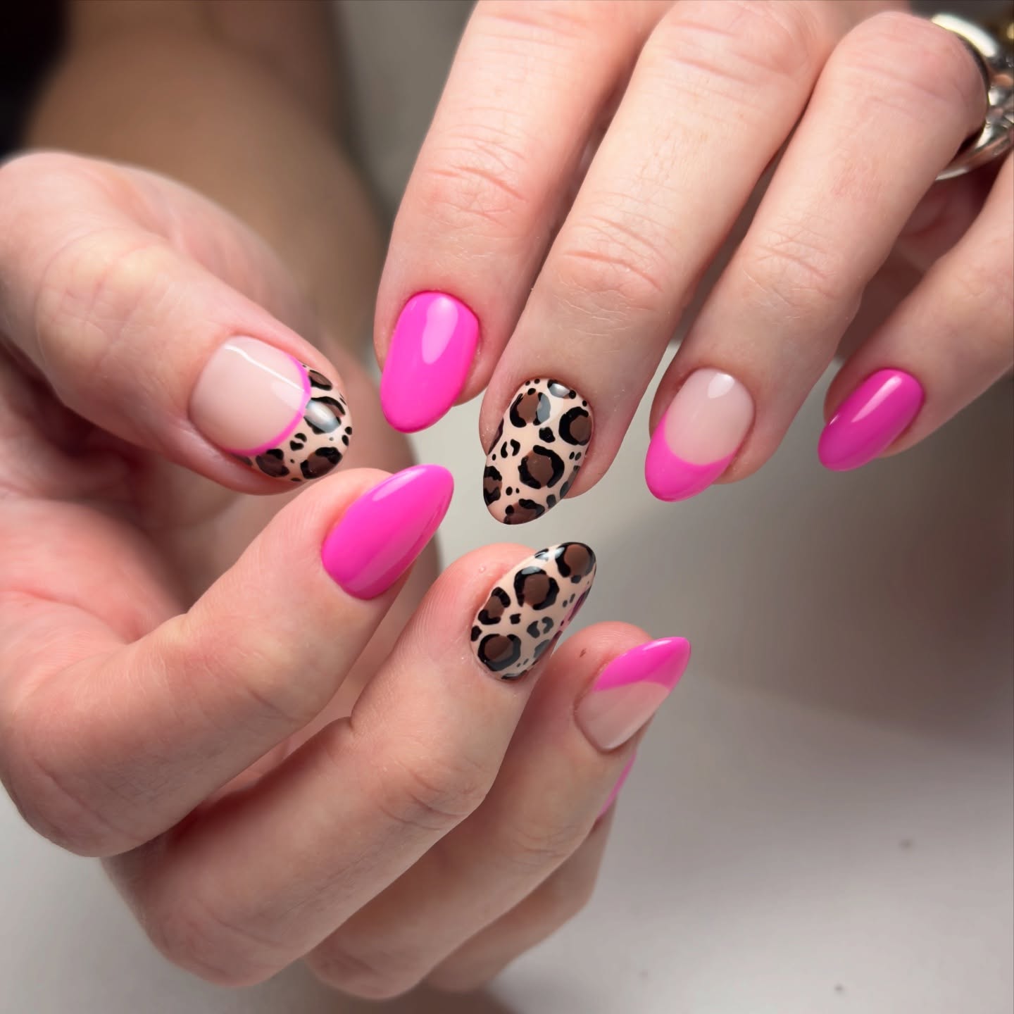 Hot Pink Leopard French Almond Nails