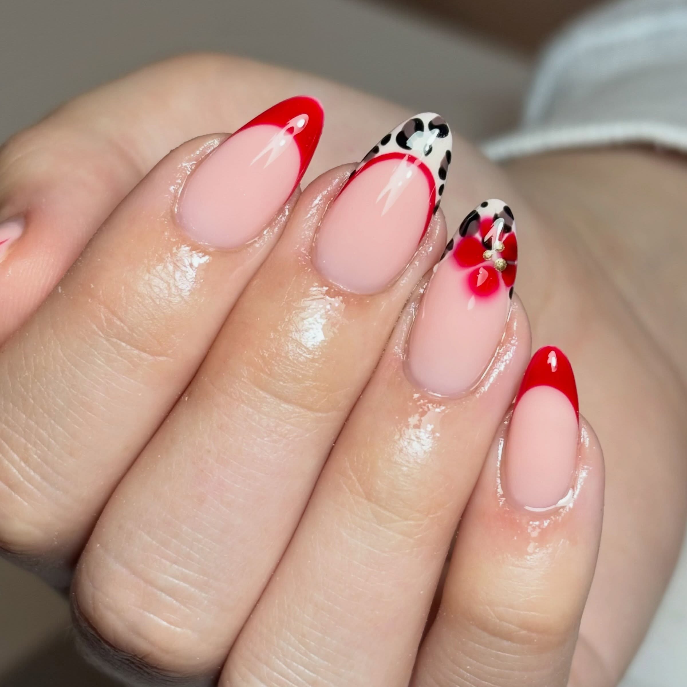 Red Tip French with Leopard Accent Nail