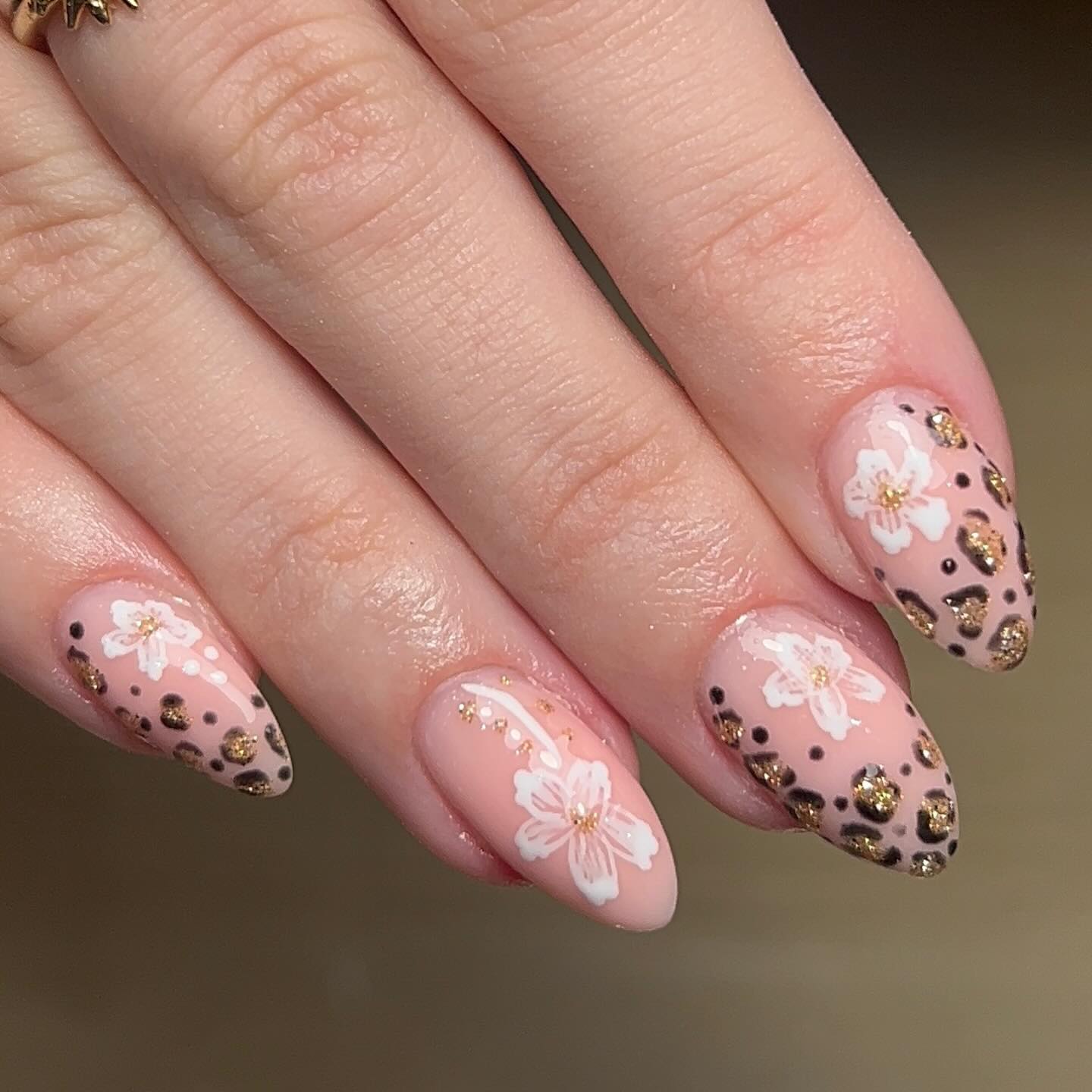 Pink Floral Leopard Print Almond Nails