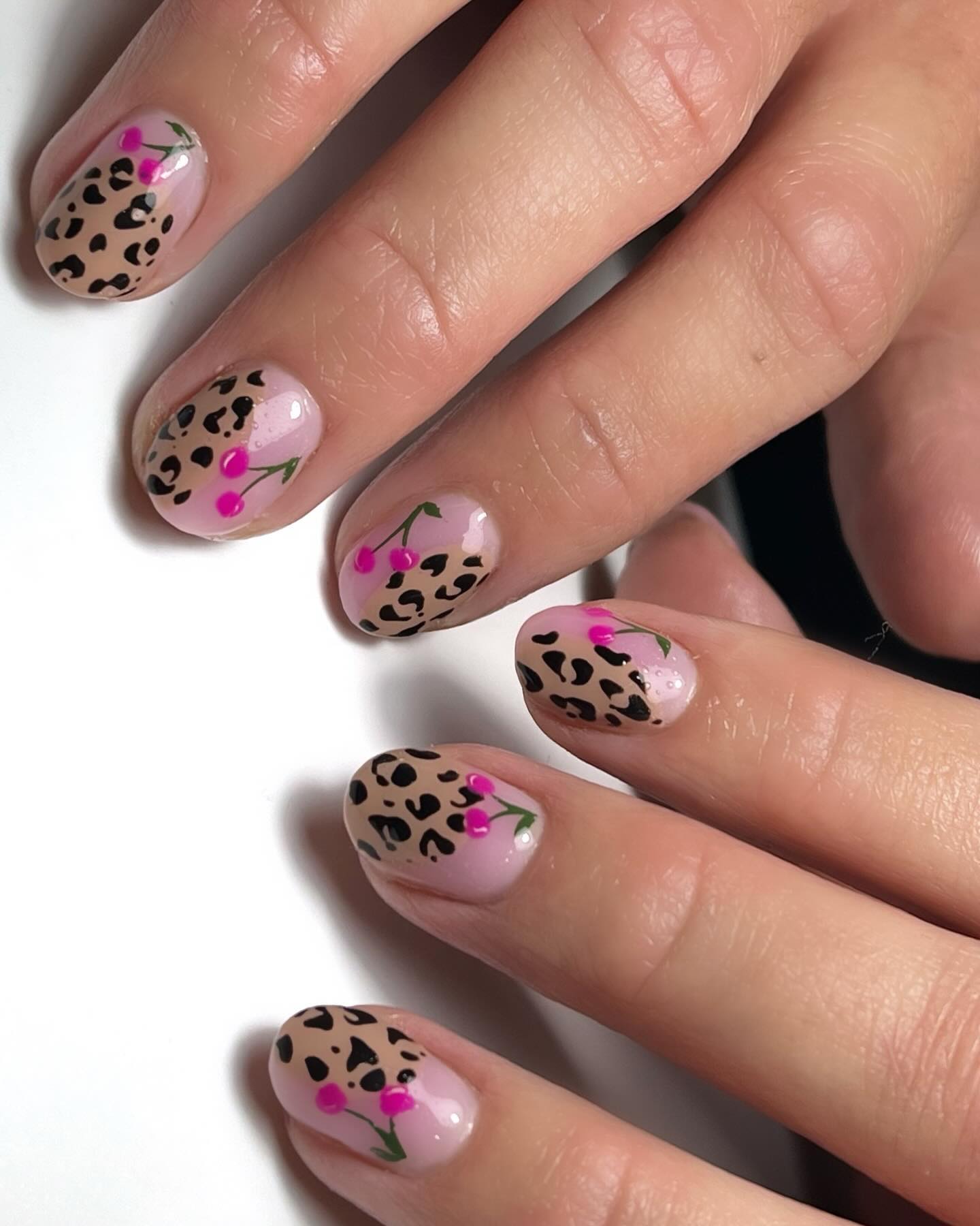 Pink Cherry Leopard Print Oval Nails