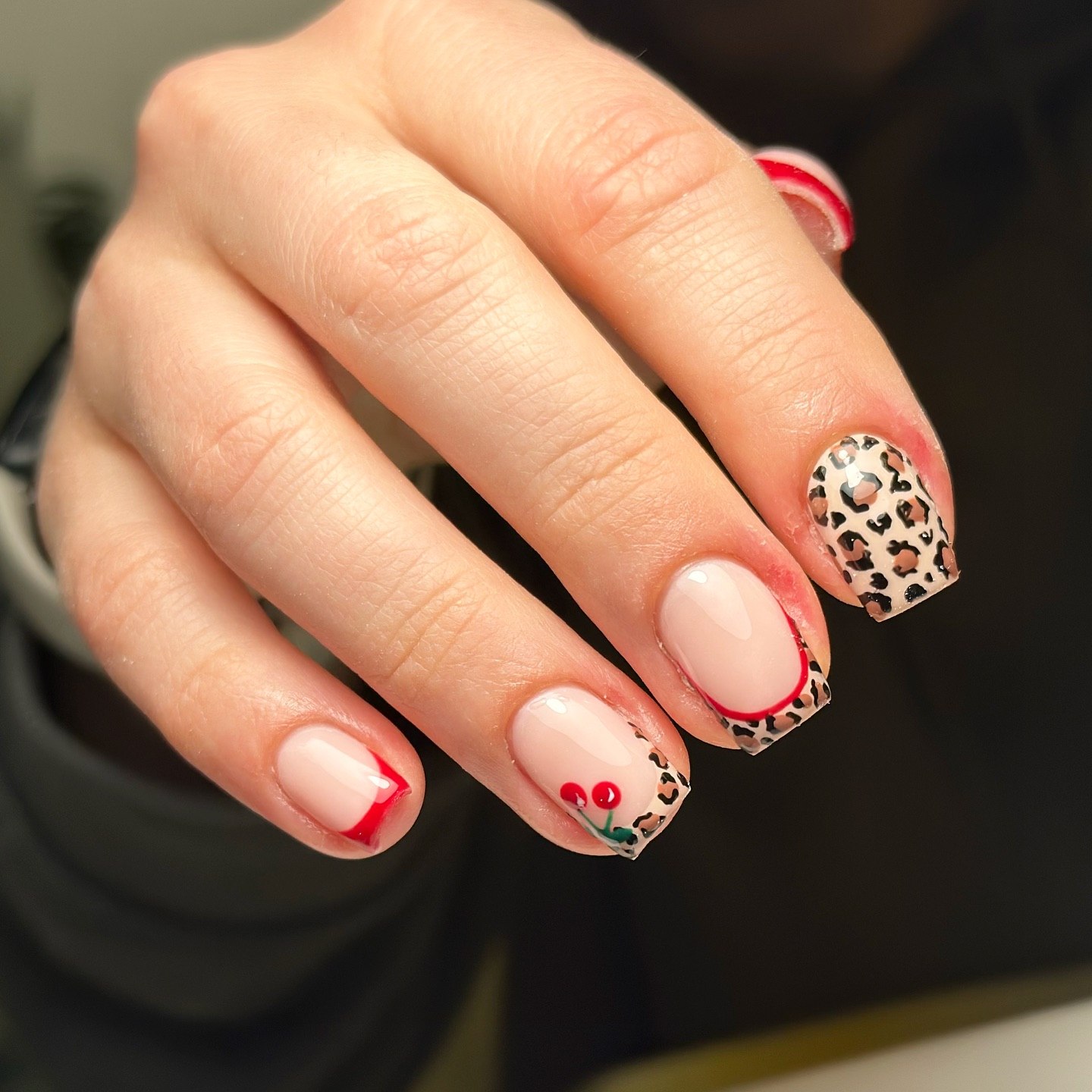 French Tip Leopard Cherry Nails