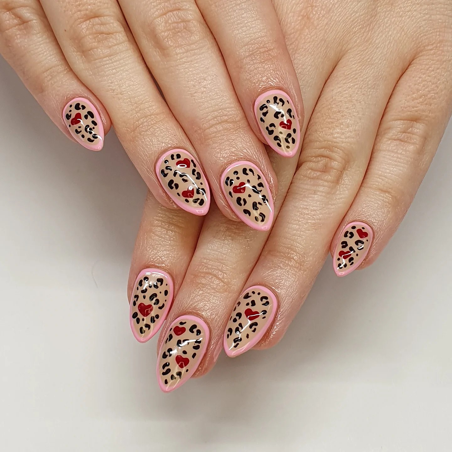 Pink French Tip Leopard Heart Almond Nails