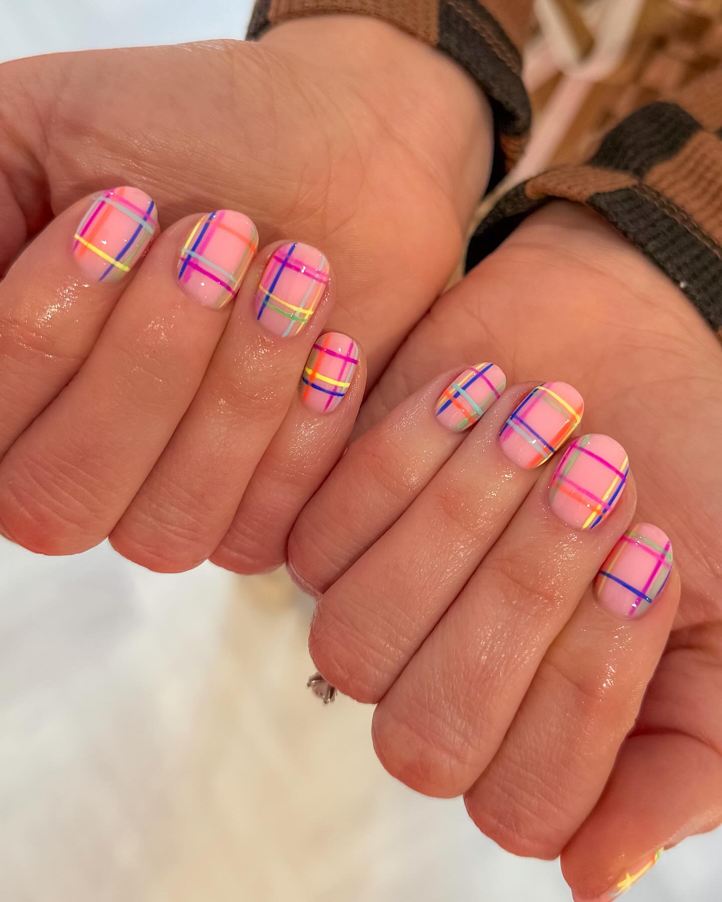 Pastel Plaid French Tip Oval Nails