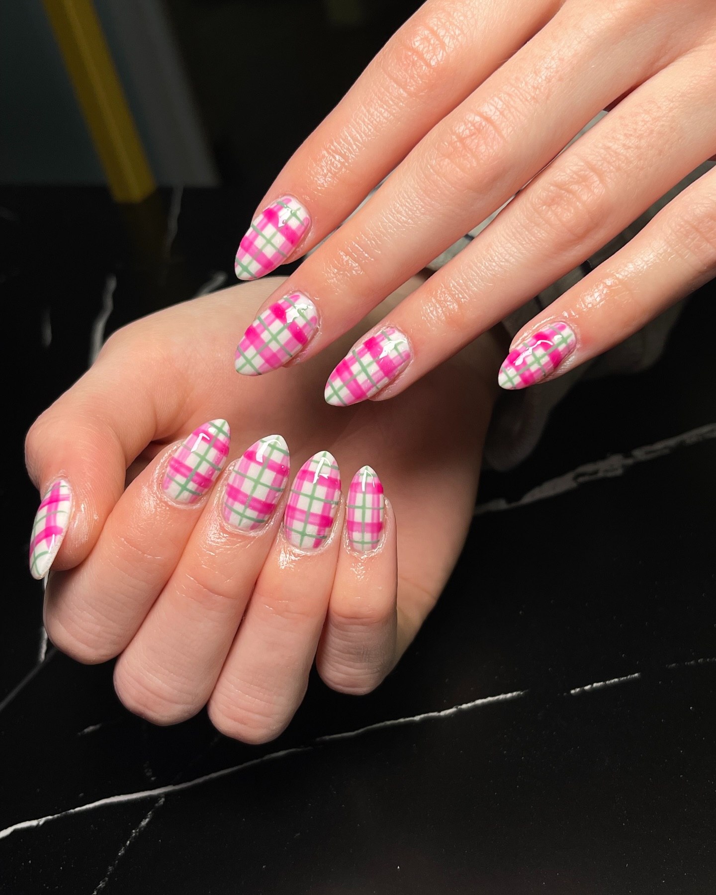 Pink and Green Plaid Almond Nails