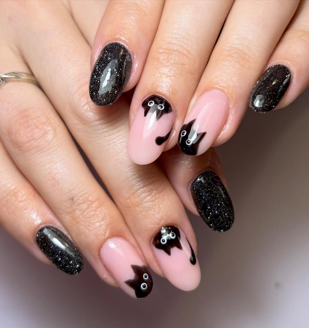 Cute Black Cat Glitter Oval Nails