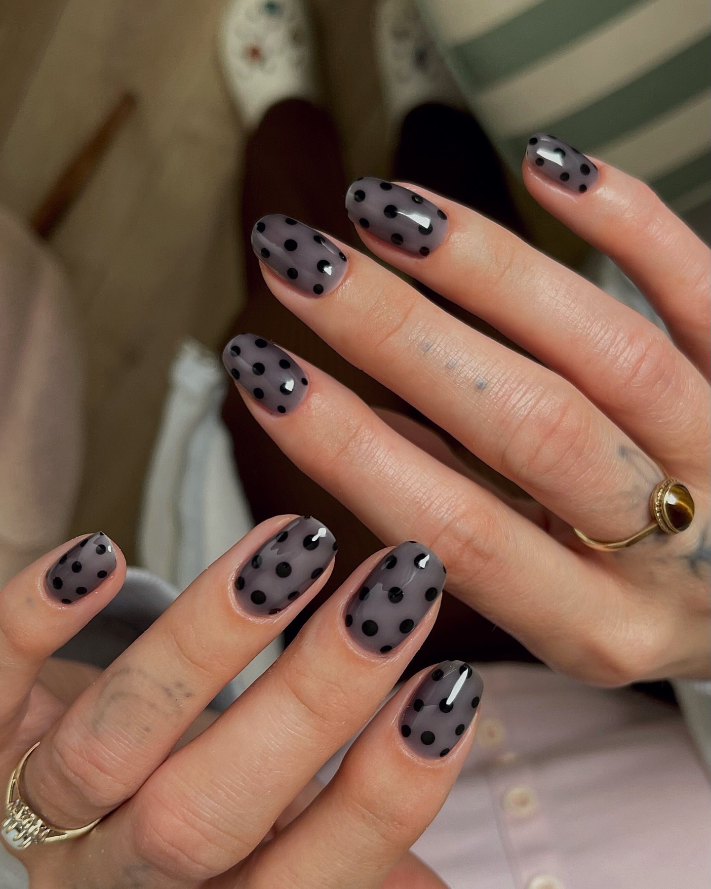 Matte Grey Polka Dot Oval Nails