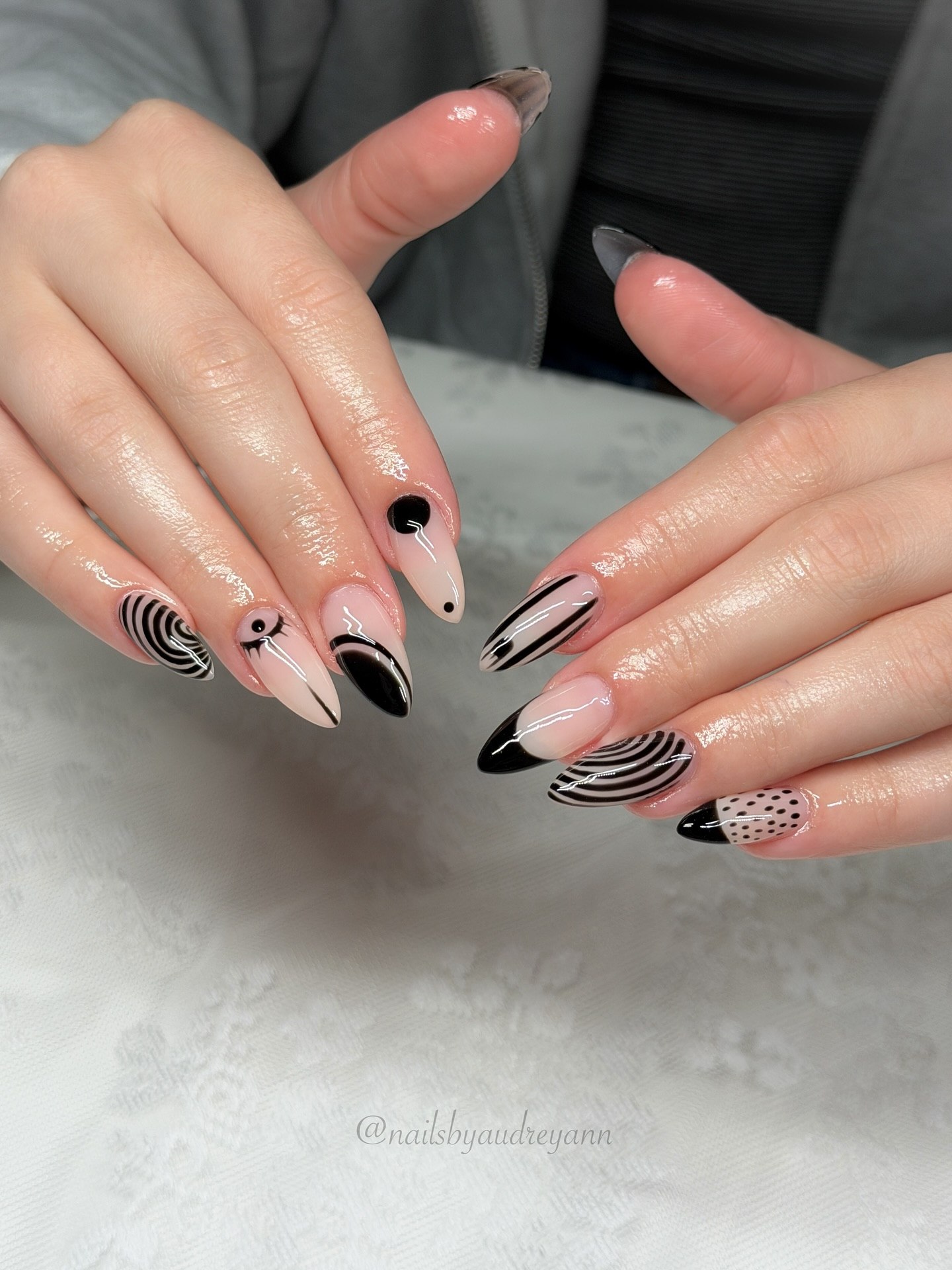 Modern Black and White Graphic Almond Nails