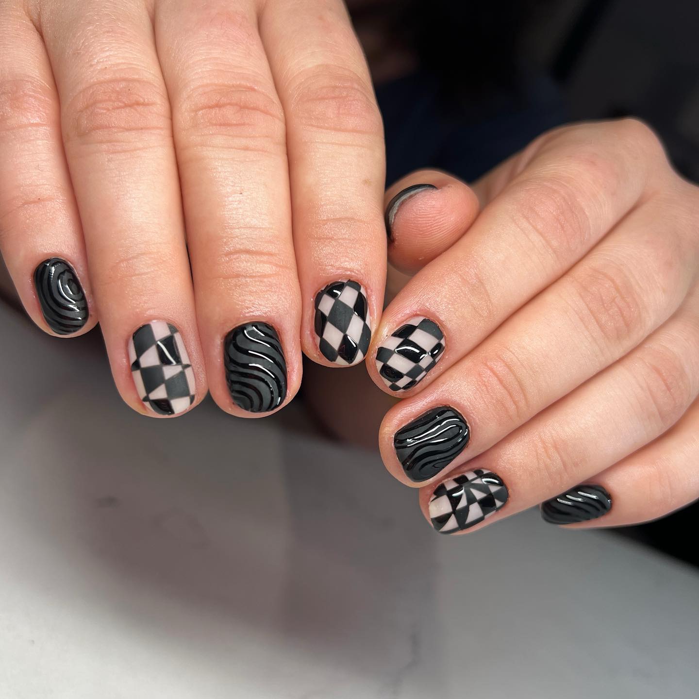 Black And White Checkerboard Swirl Nails