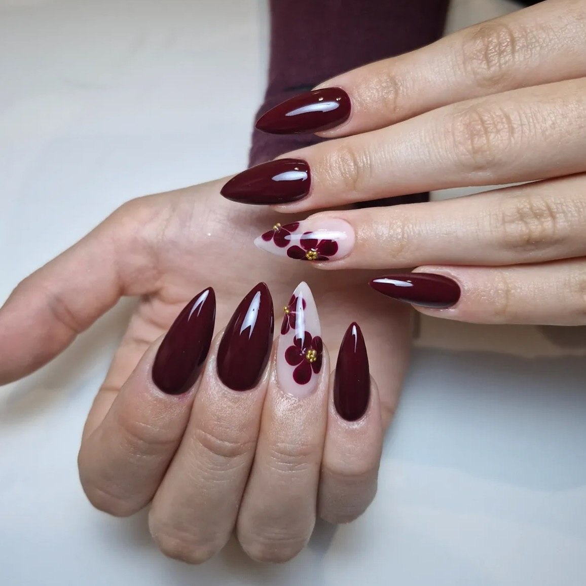 Deep Wine Red Floral Stiletto Nails