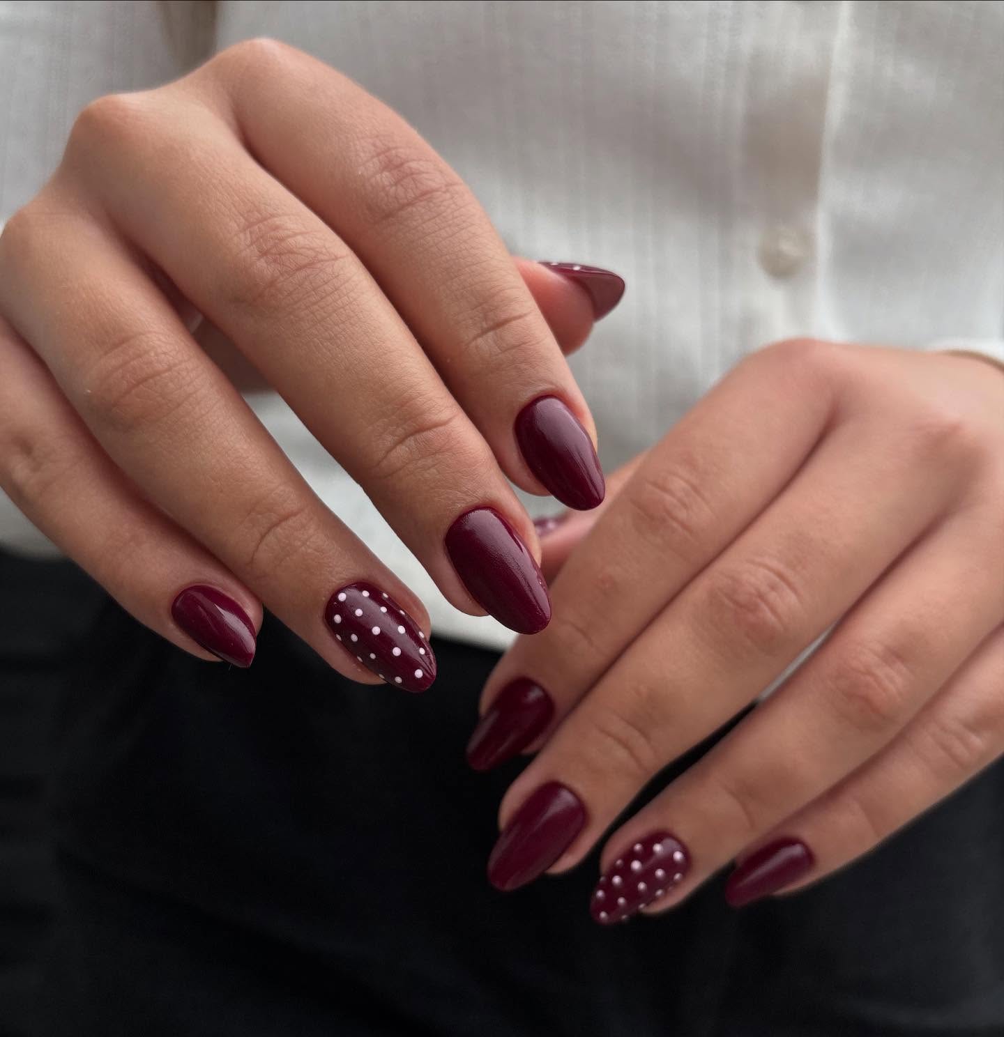 Deep Wine Polka Dot Almond Nails