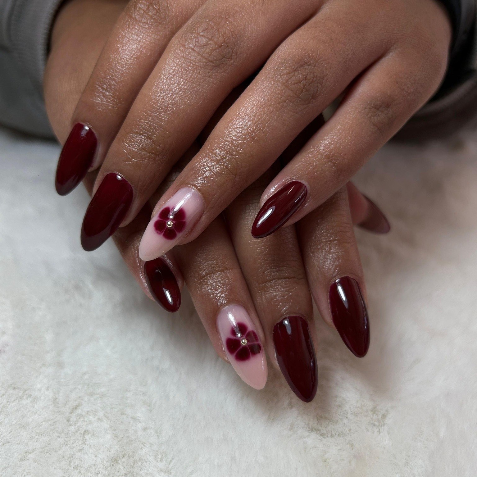 Deep Burgundy Floral Accent Almond Nails