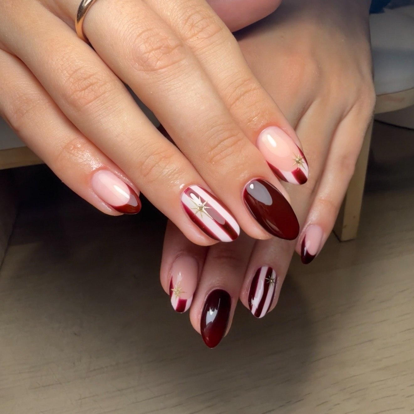 Deep Wine and White Striped Oval Nails