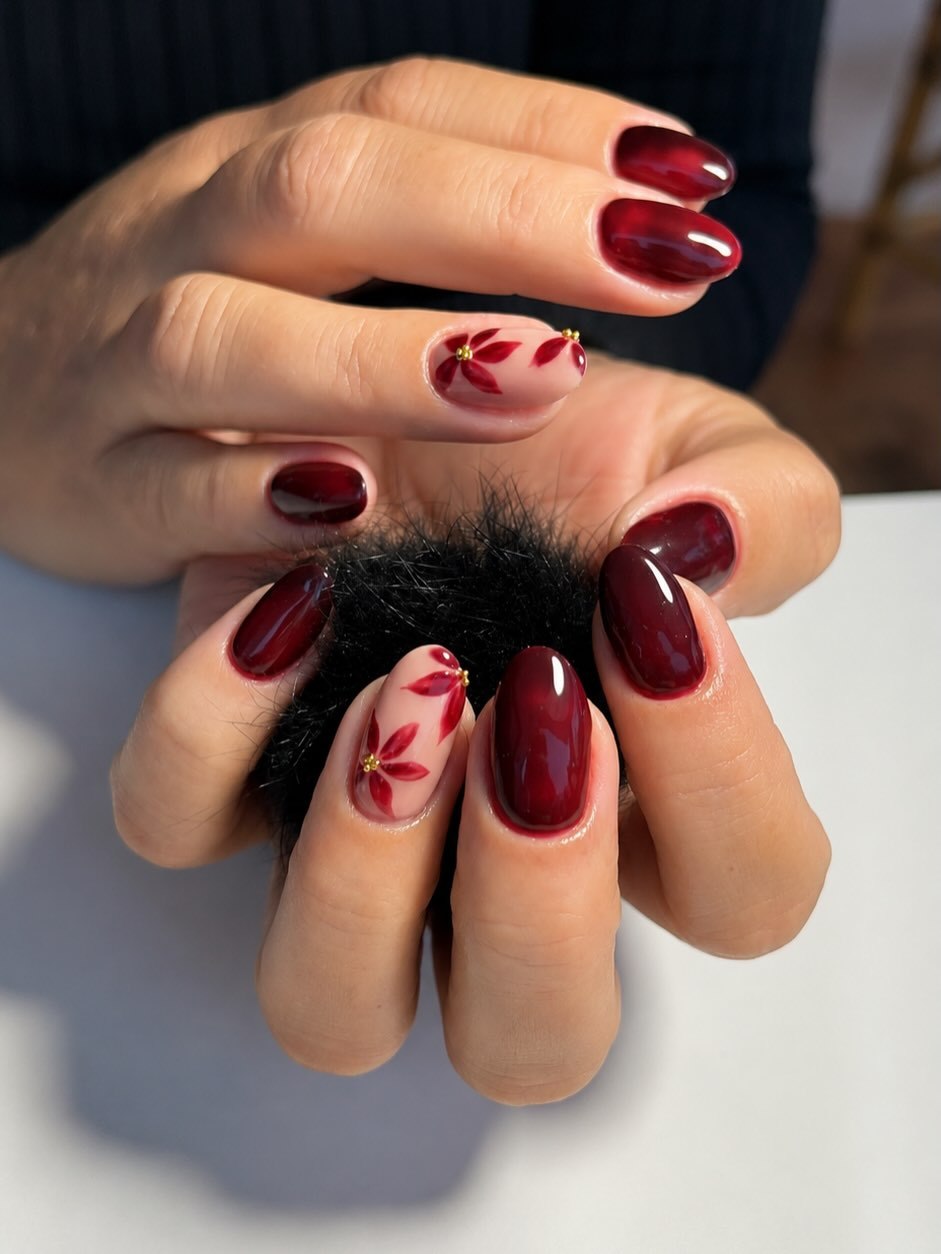 Deep Wine Ombre Flower Accented Oval Nails