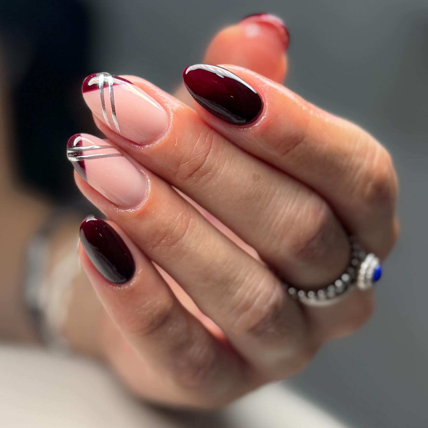 Wine French Tip Almond Nails with Silver Lines