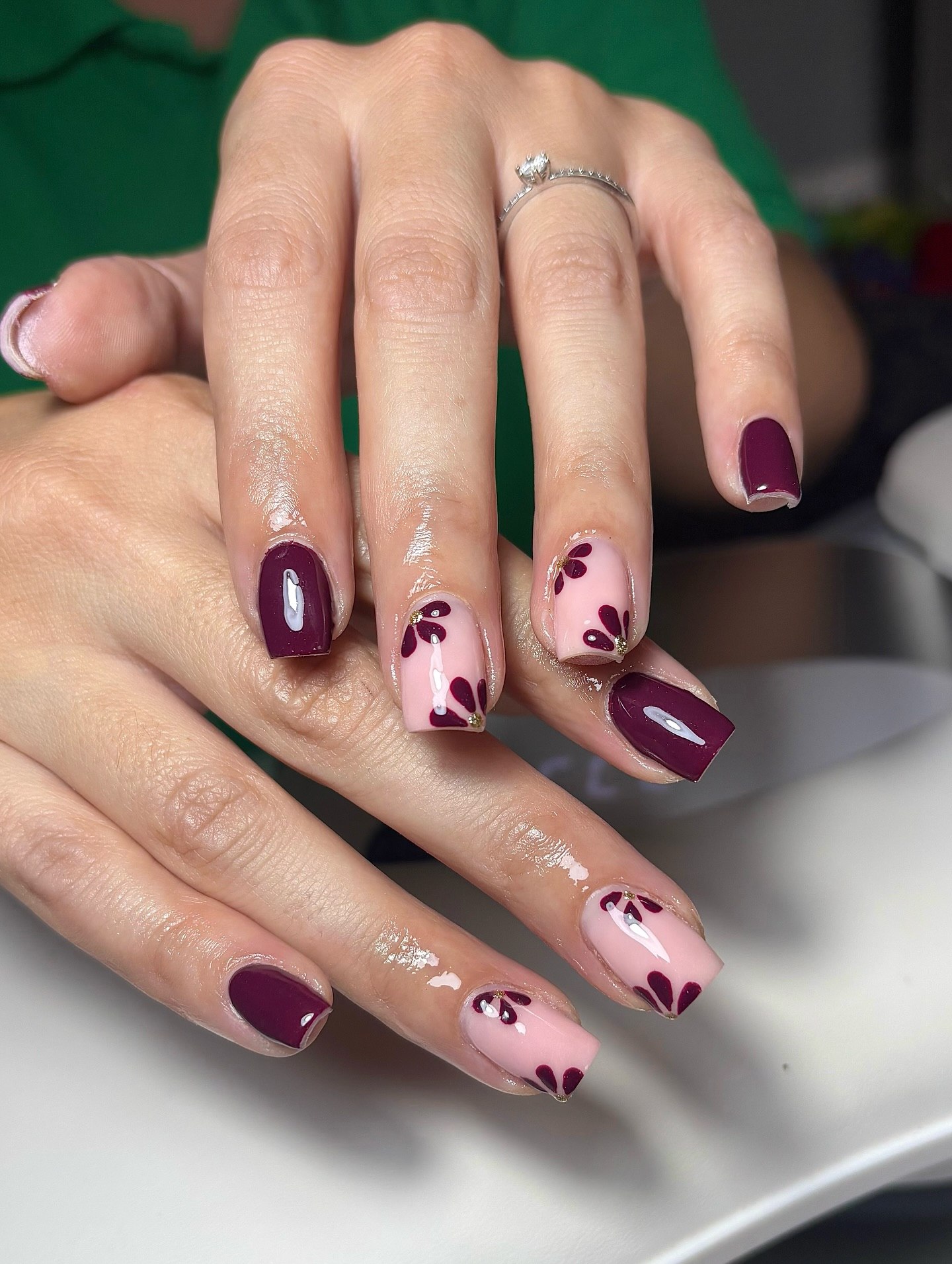 Deep Burgundy Floral Accents on Blush Pink