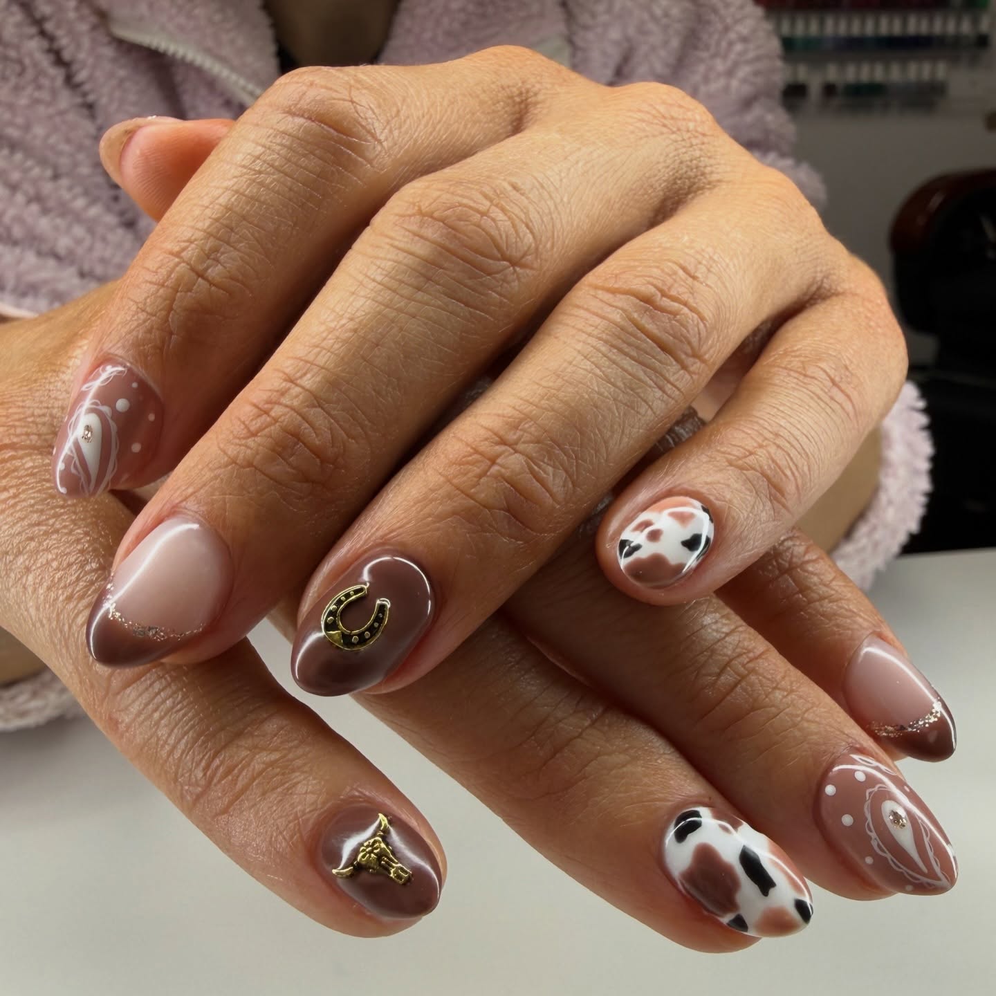 Cow Print & Horseshoe Western Almond Nails