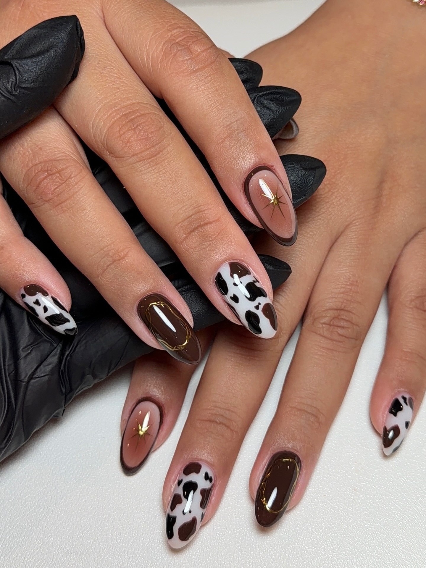 Cow Print Ombre Almond Nails with Gold Accents