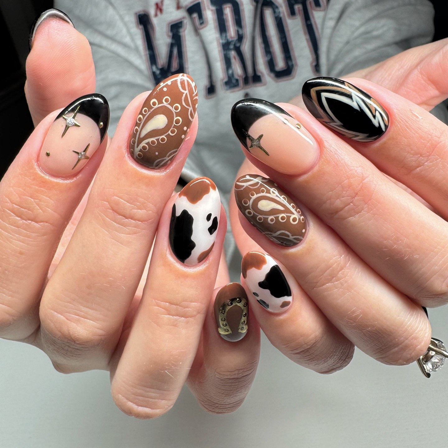 Western Paisley Cow Print Almond Nails