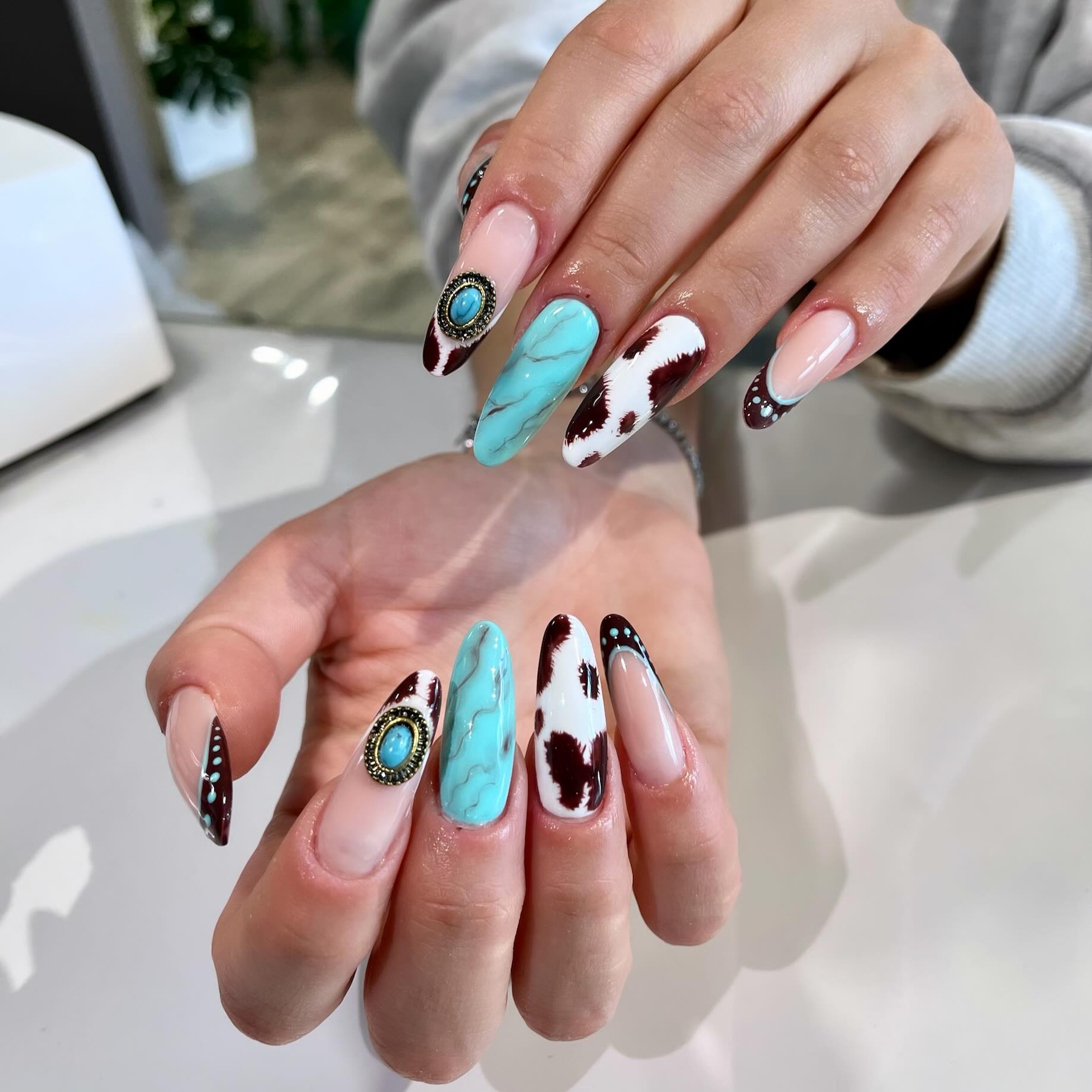 Cow Print Turquoise Gem Coffin Nails