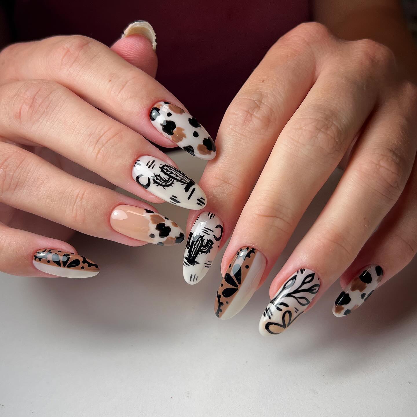Cow Print & Cactus Western Almond Nails