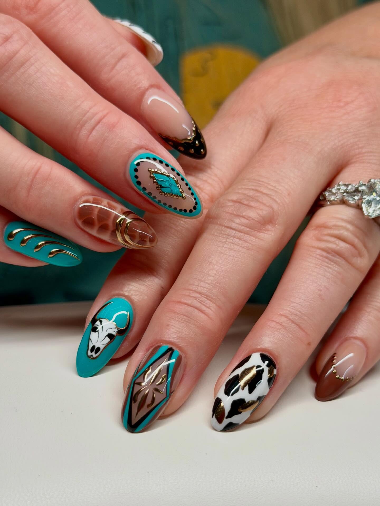 Cow Print & Turquoise Western Stiletto Nails