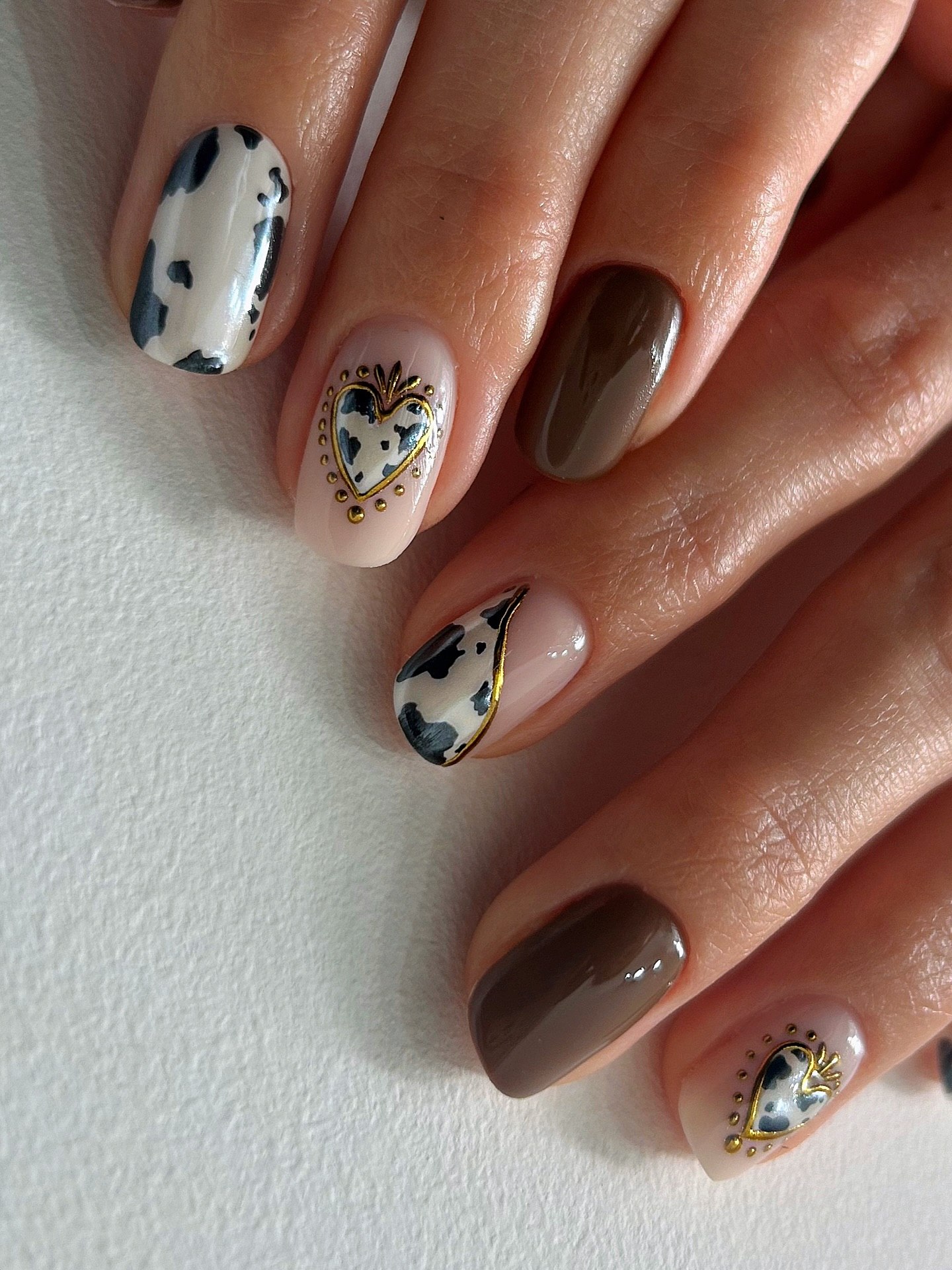 Cow Print Heart Accent Almond Nails