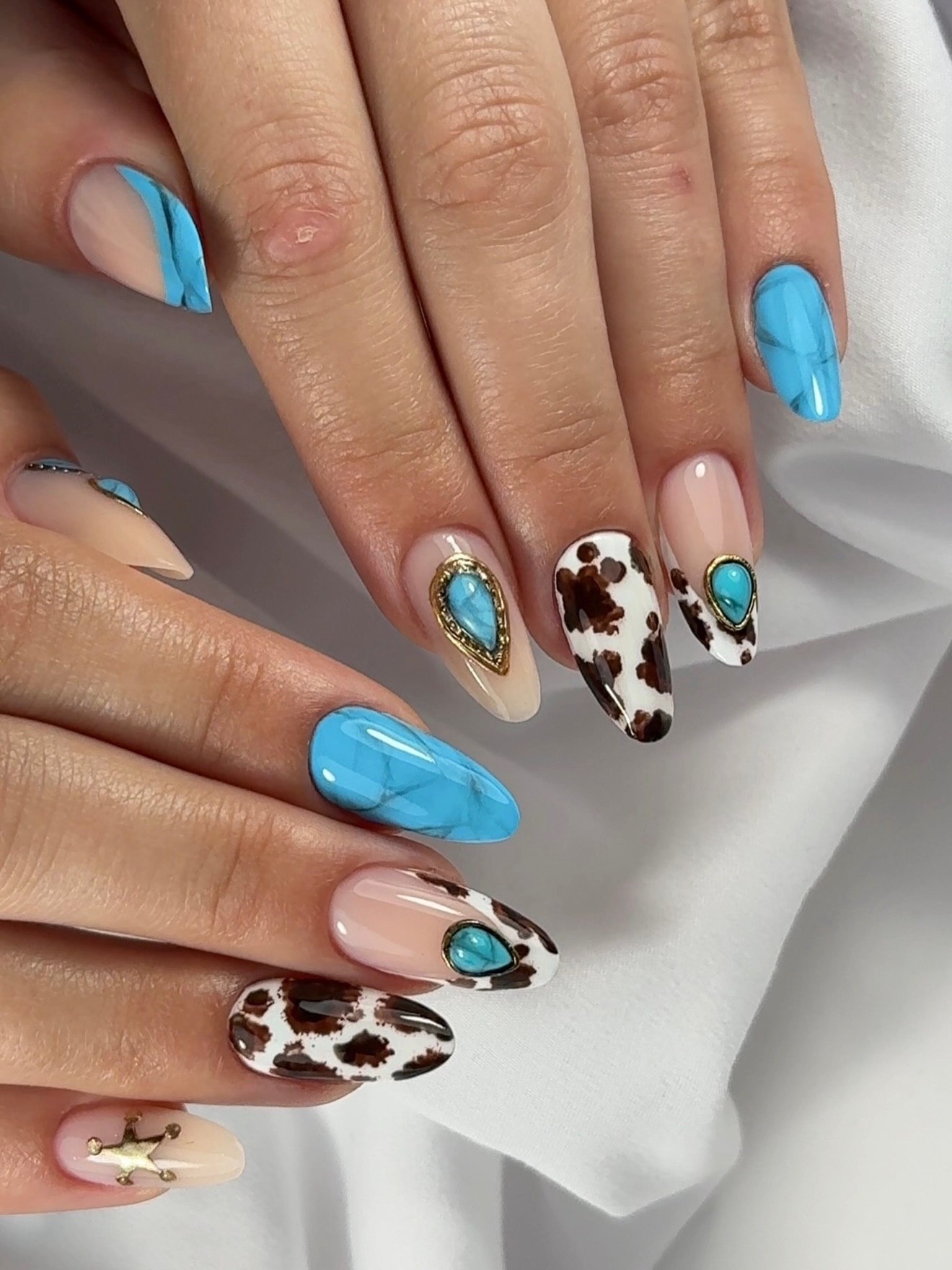 Cow Print Turquoise Western Almond Nails