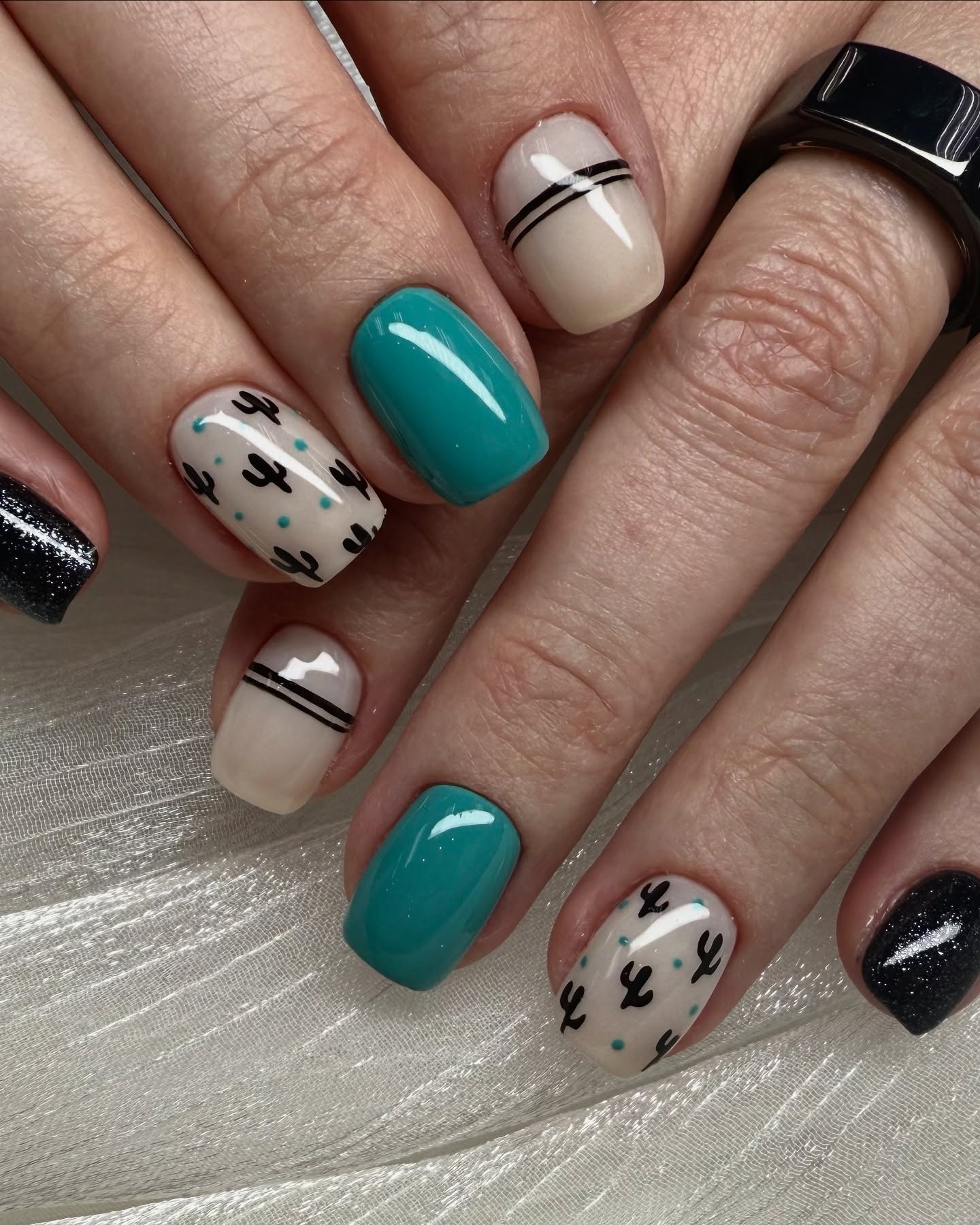 Teal Cactus & Black Glitter Square Nails