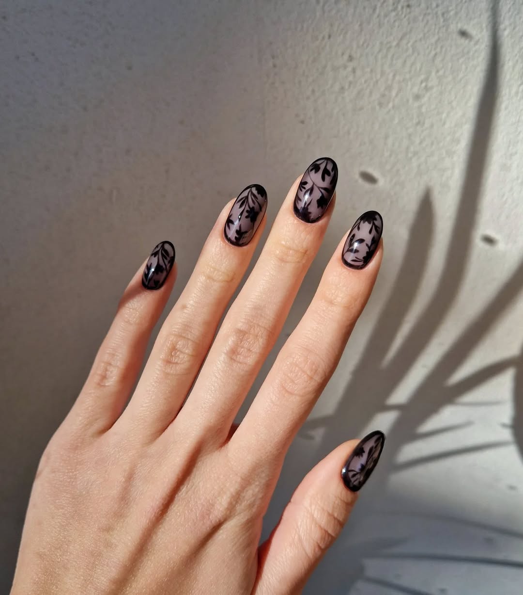 Sheer Black Floral Oval Nails