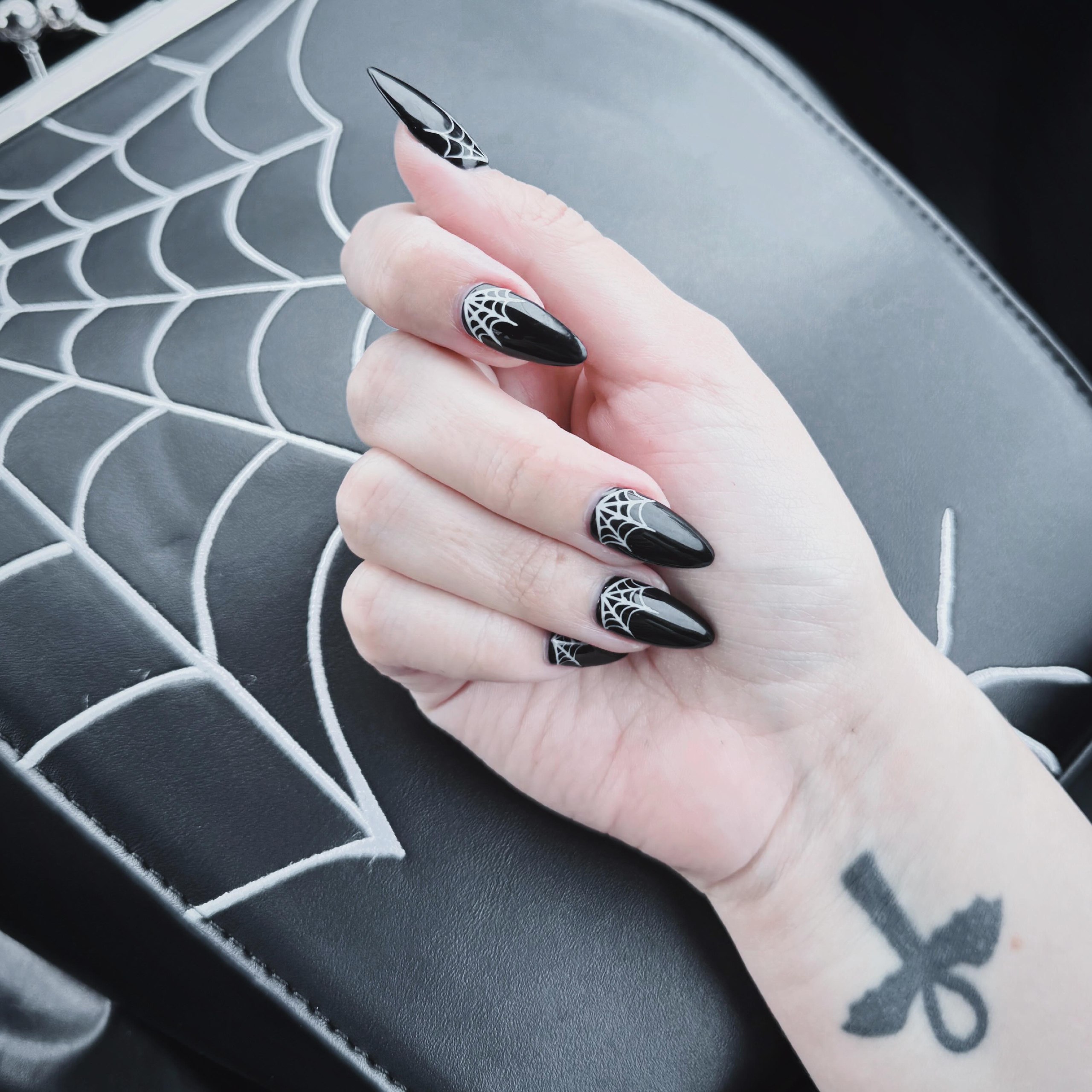 Gothic Black Spiderweb Stiletto Nails