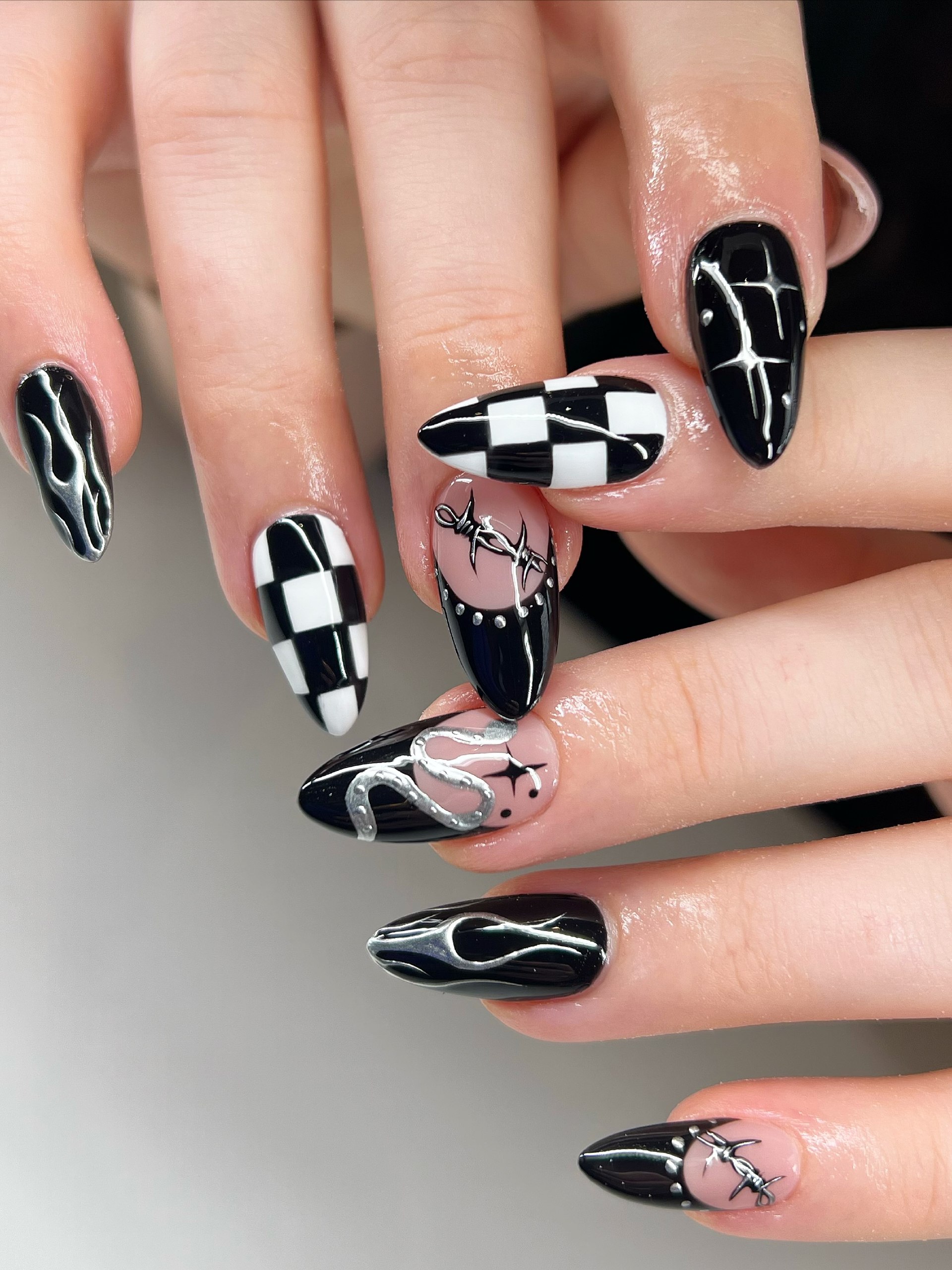 Goth Black Flame and Barbwire Almond Nails