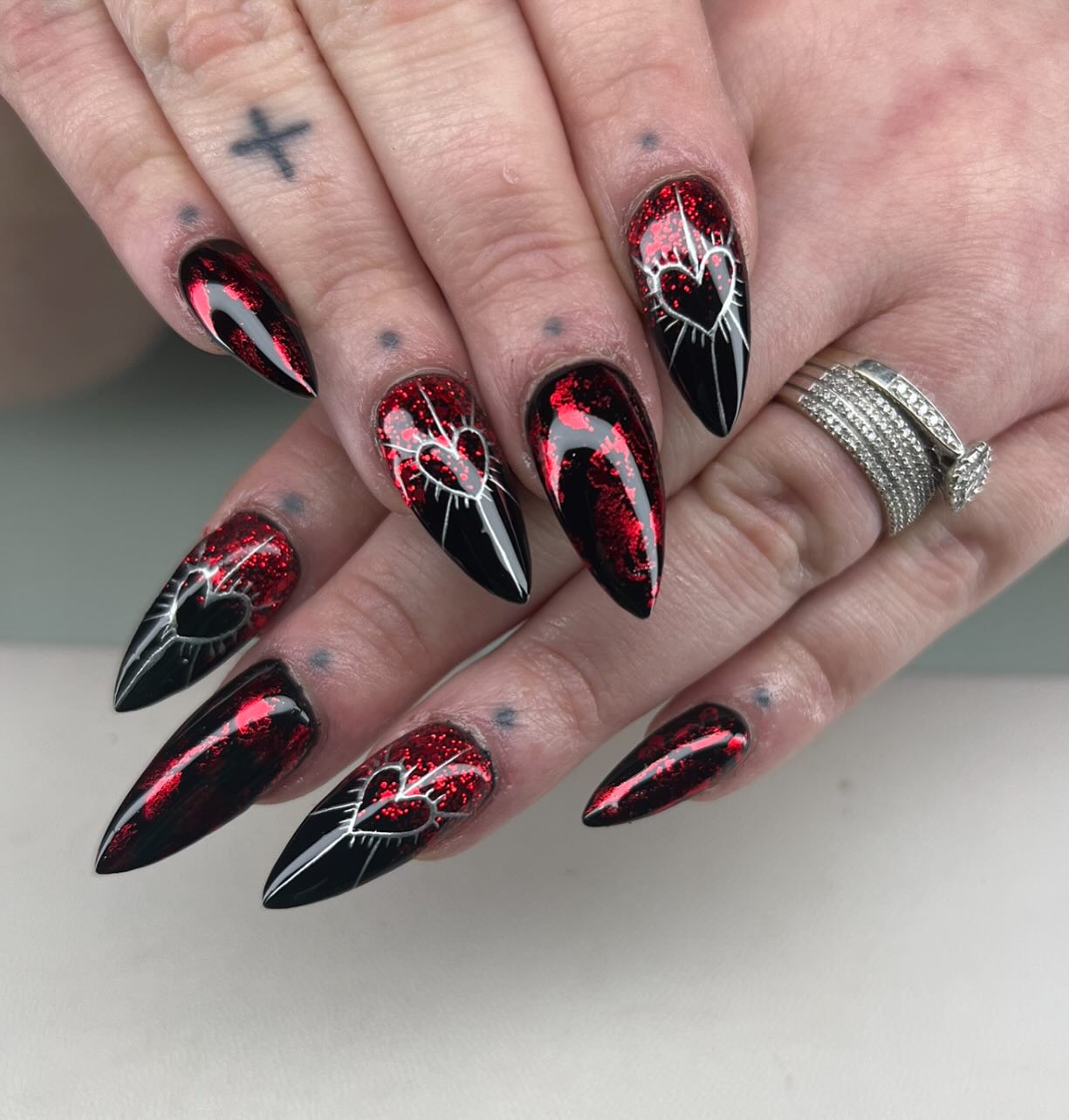 Gothic Black Red Heart Stiletto Nails