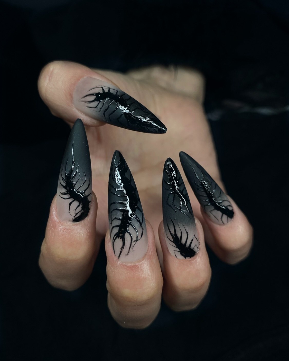 Creepy Crawler Black Ombre Stiletto Nails