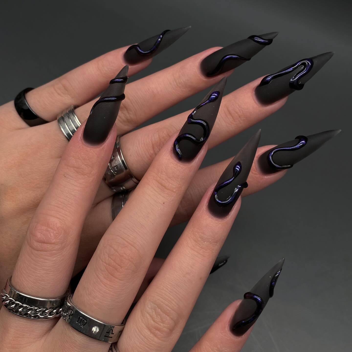 Matte Black Stiletto Snake Drip Nails