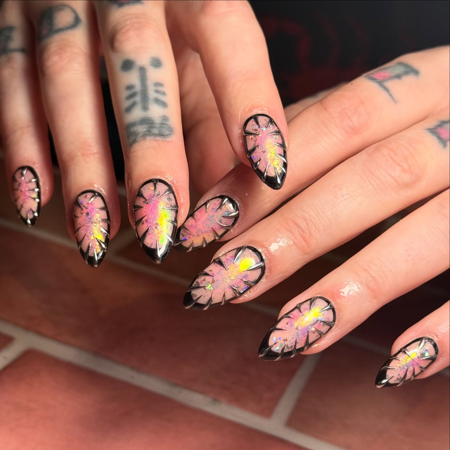 Black Outline Pink Iridescent Shattered Glass Nails