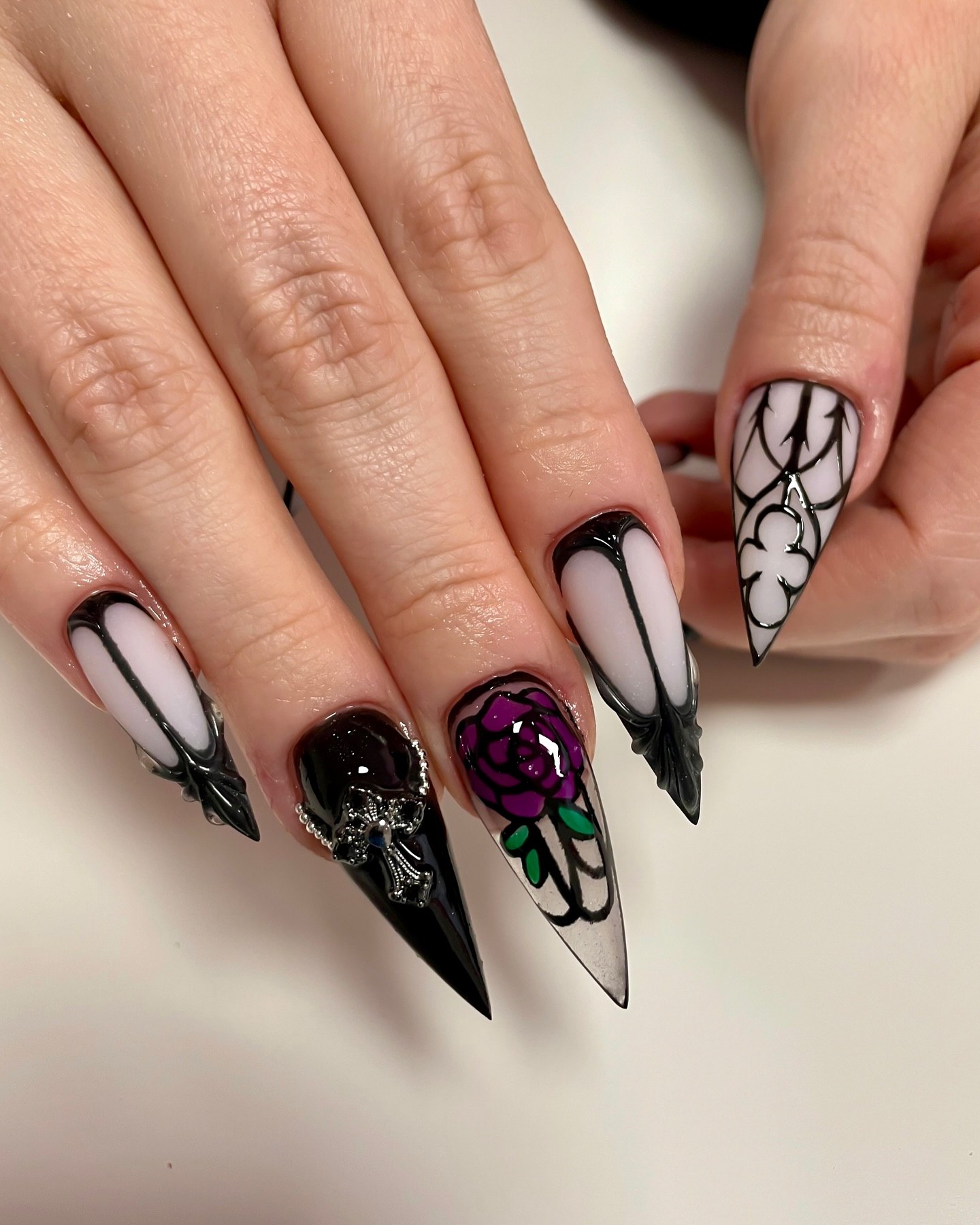 Gothic Rose and Spiderweb Stiletto Nails