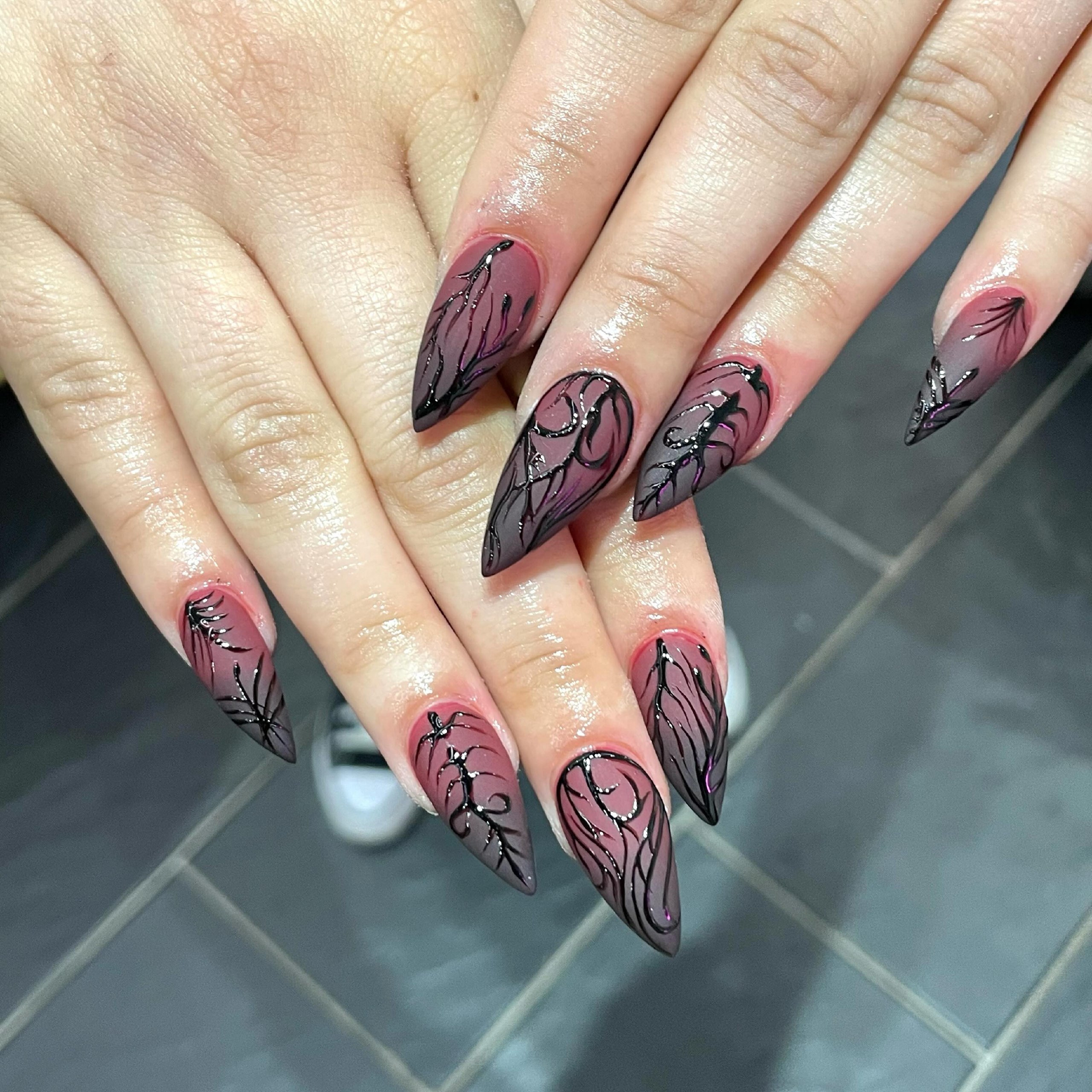 Matte Ombre Stiletto Nails with Black Filigree Art