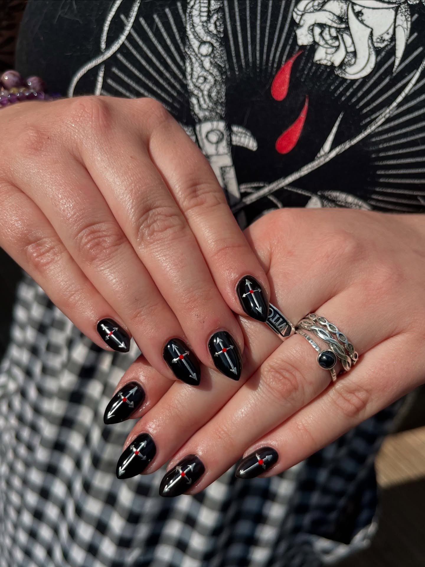 Gothic Cross Black Almond Nails