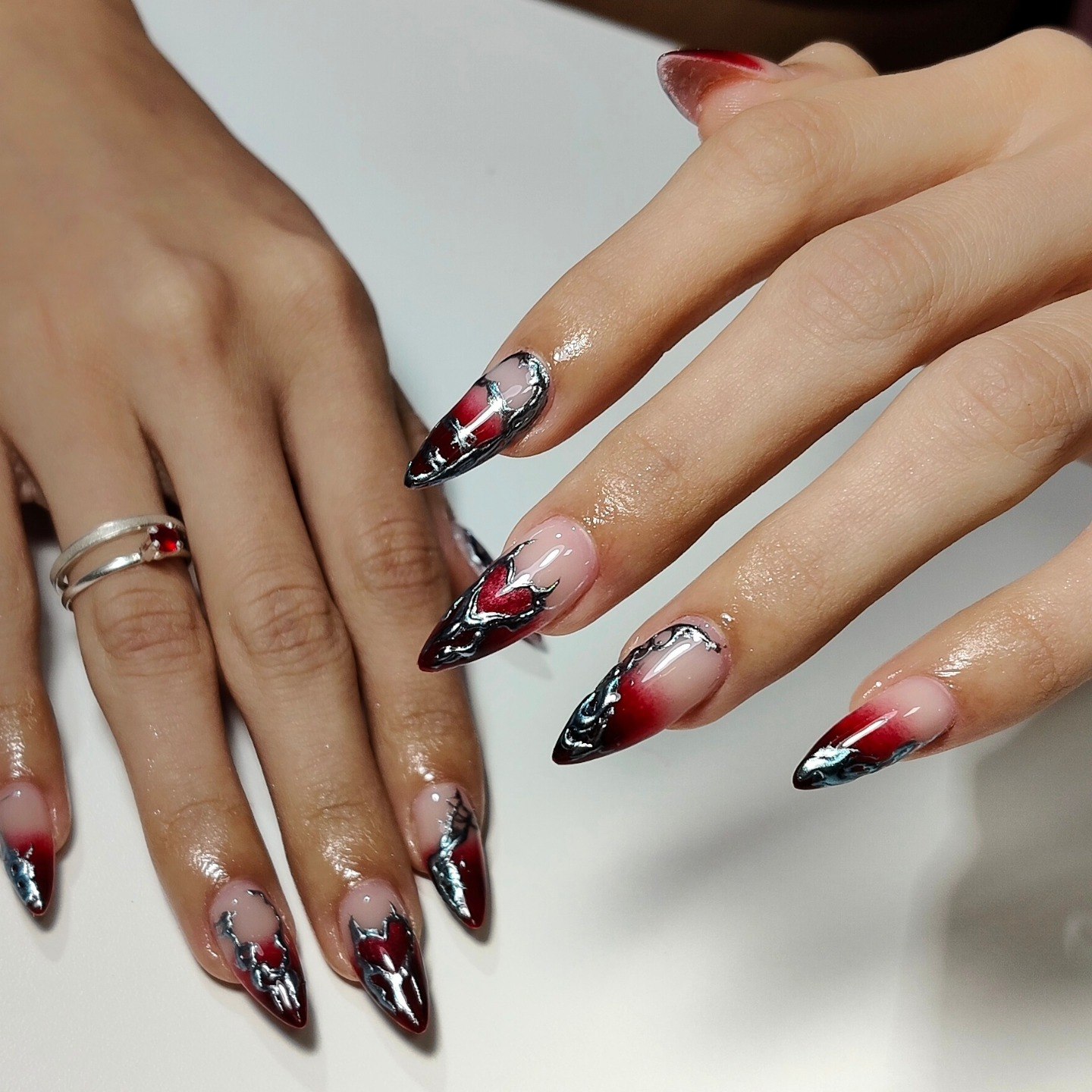 Bloody Chrome Stiletto French Tip Nails