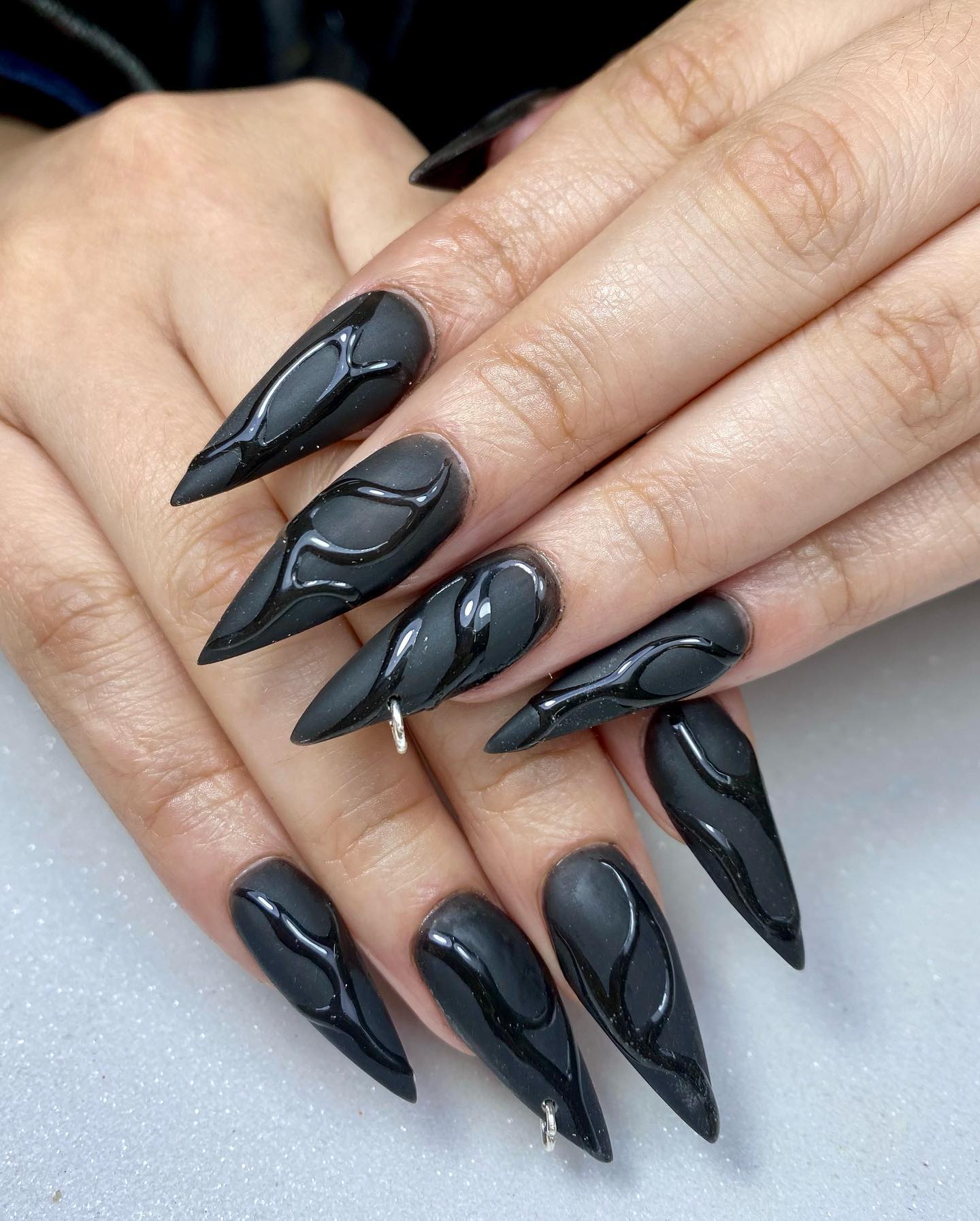 Matte Black Stiletto Flame Detail Nails