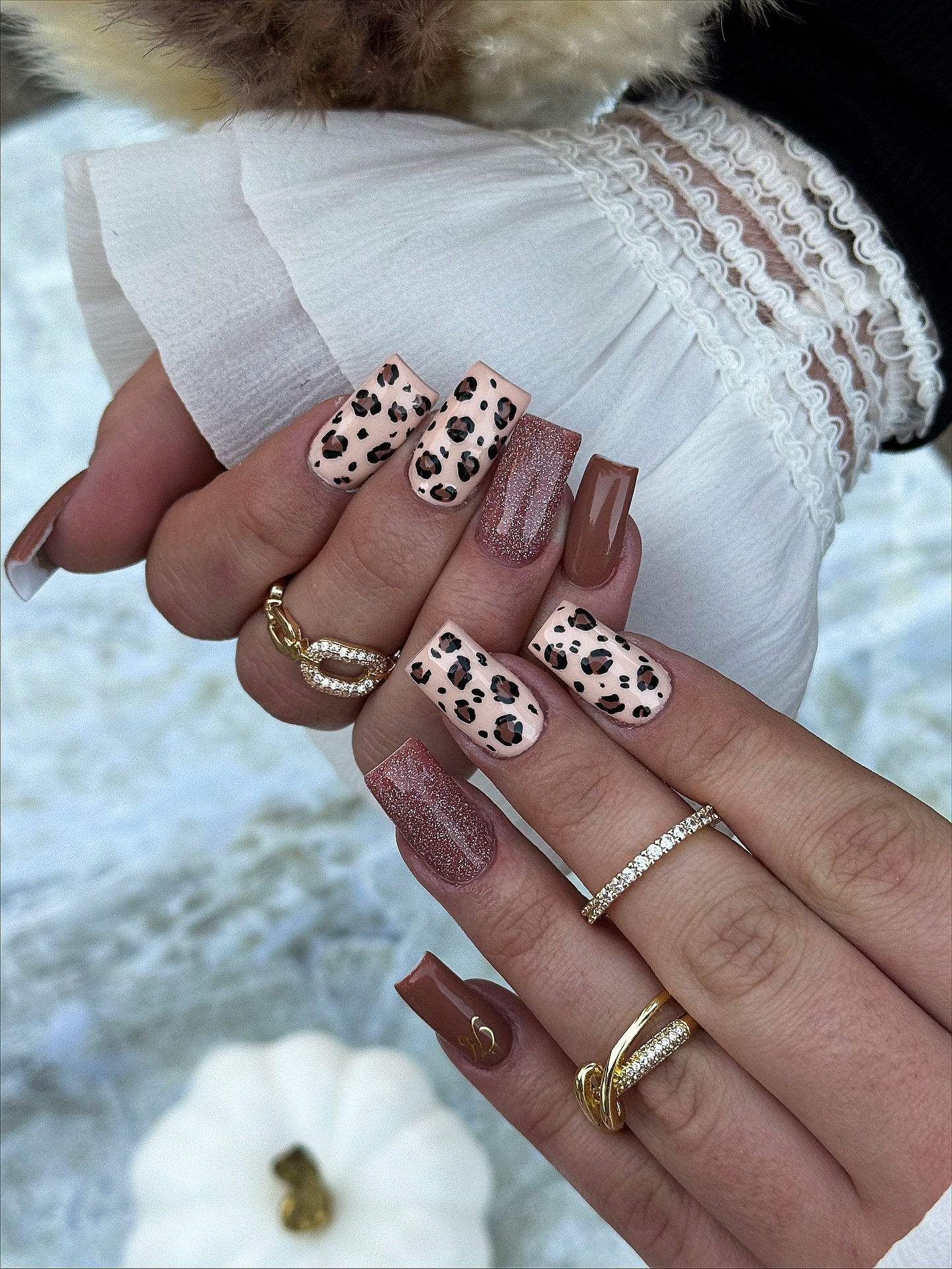 Warm Leopard Print & Glitter Square Nails