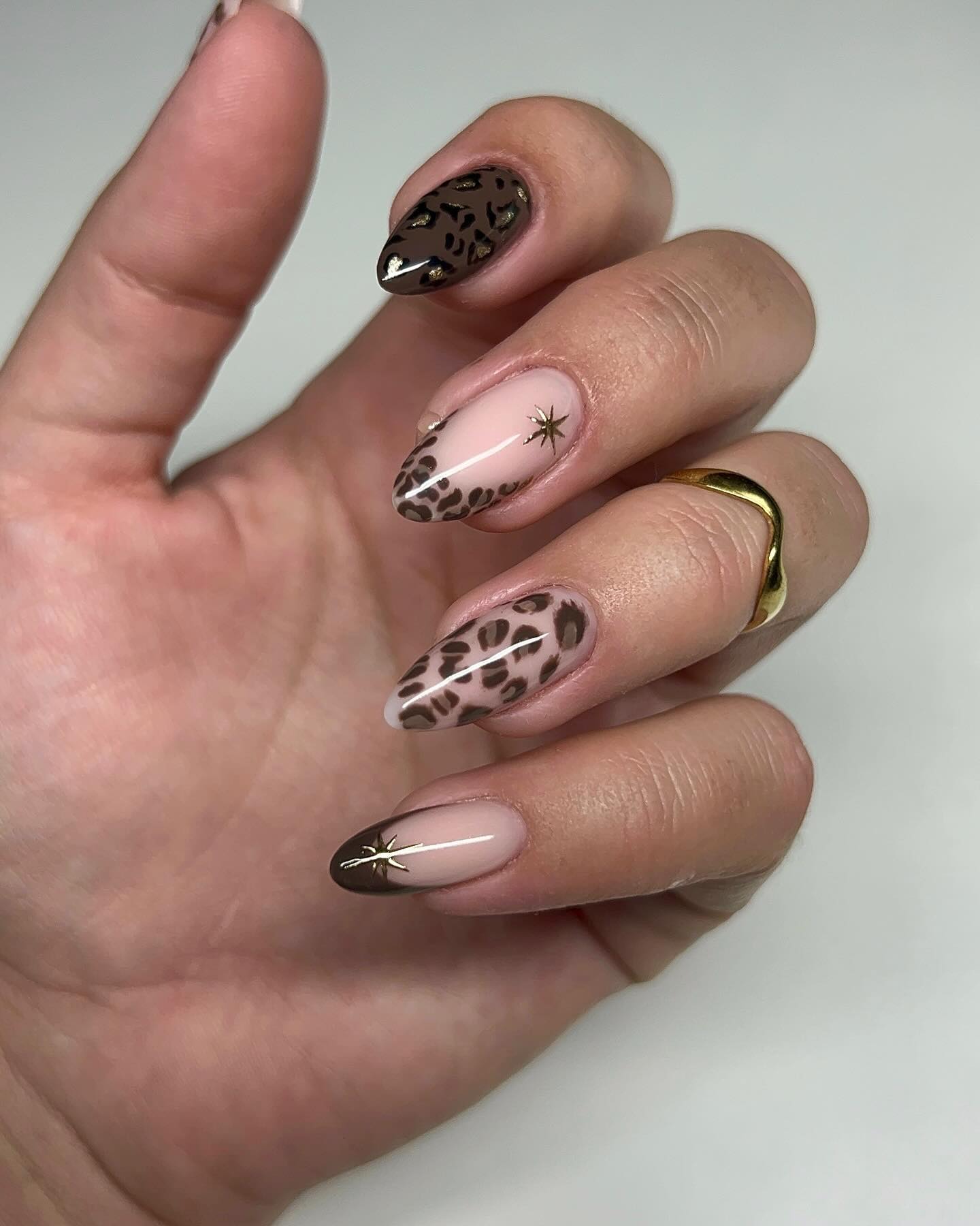 Brown Cheetah French Almond Nails with Gold Accents
