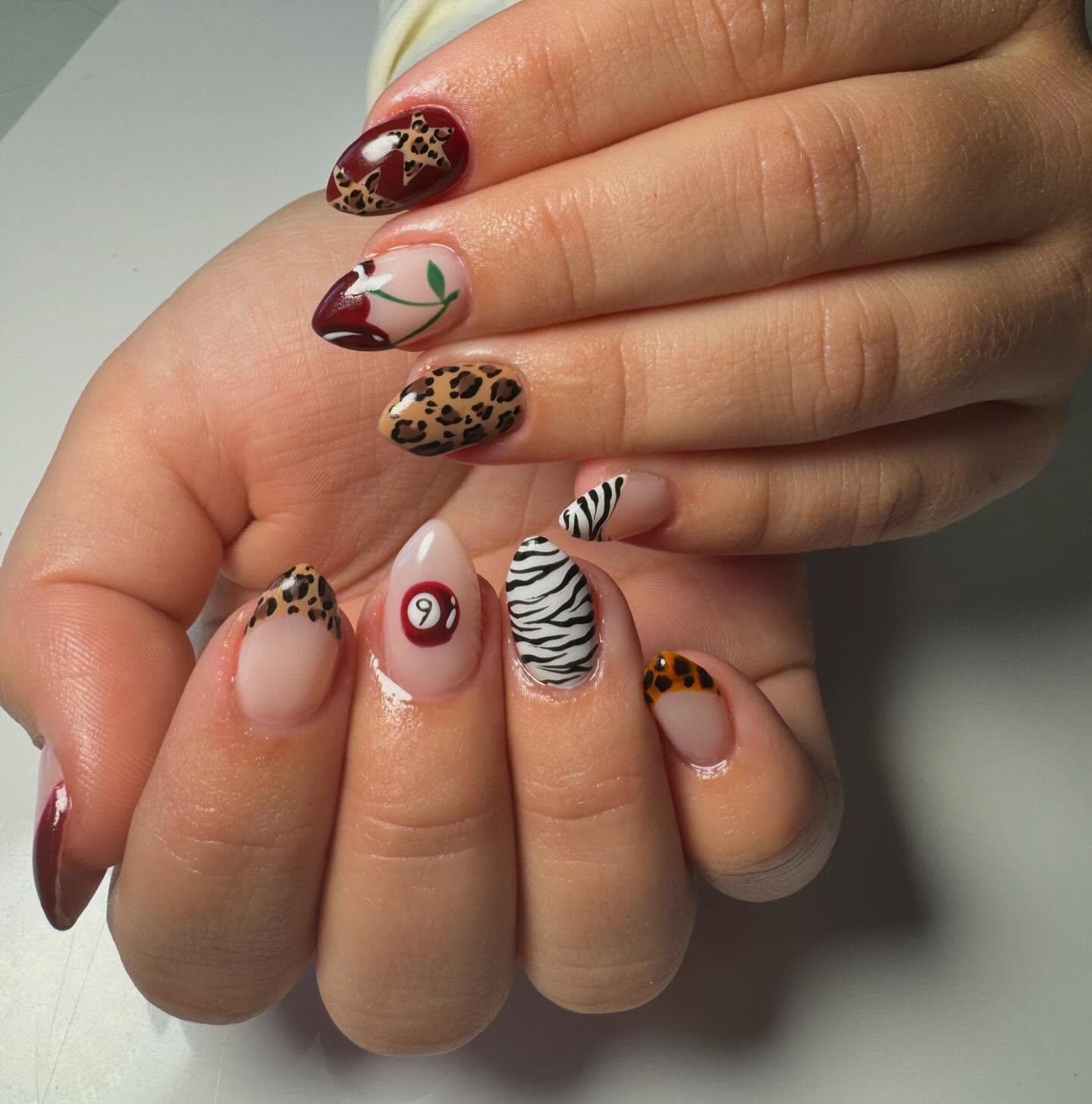 Mixed Animal Print and 9 Ball French Tips