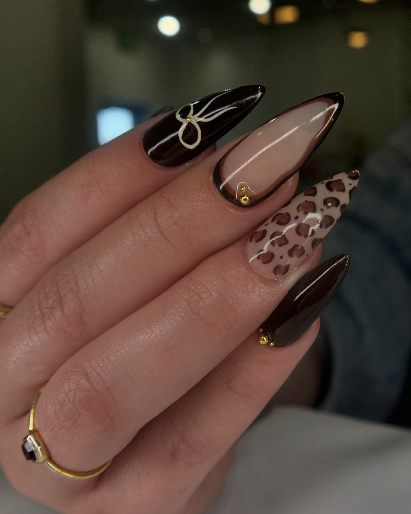 Espresso French Tip Cheetah Accent Nails