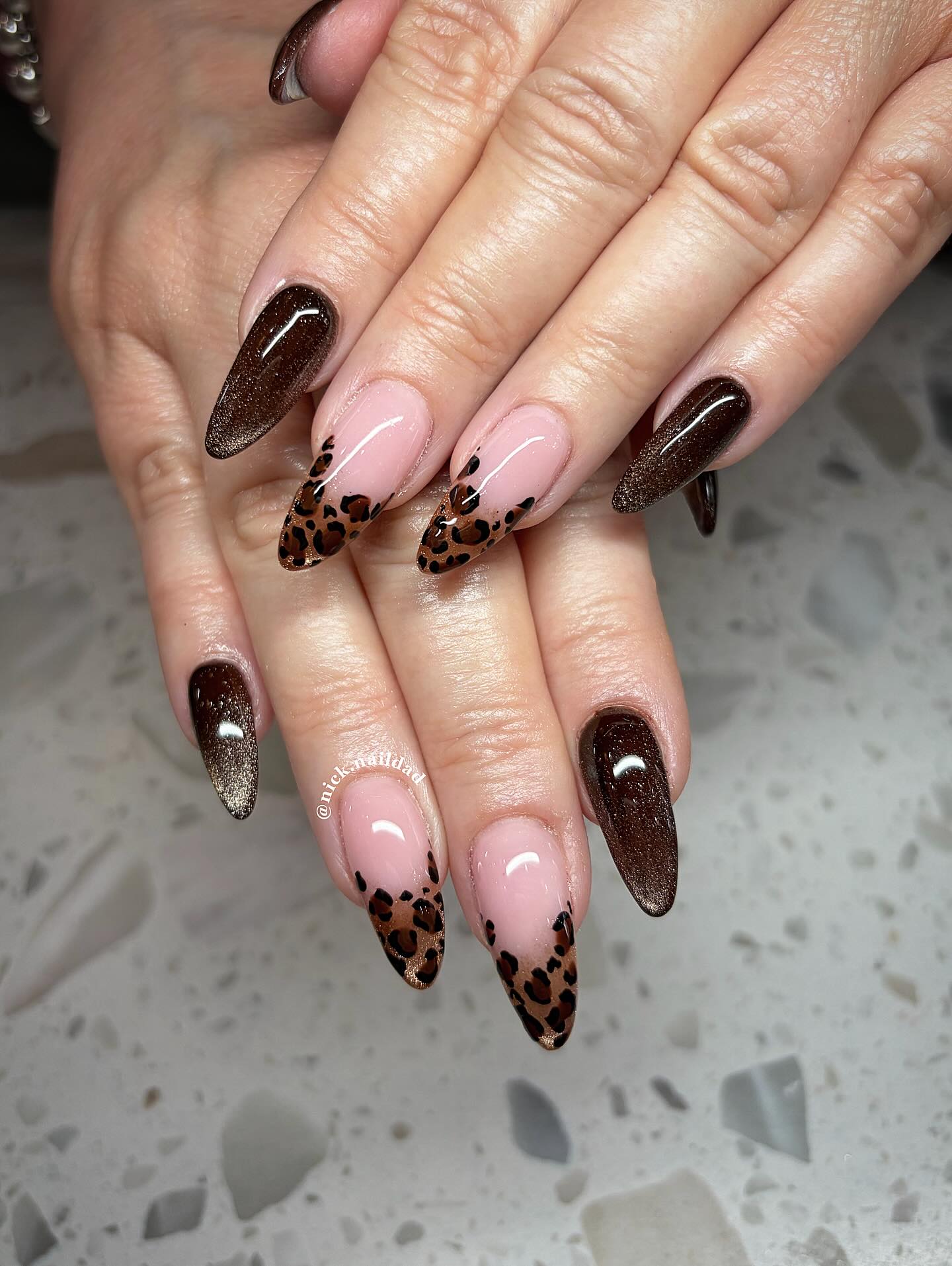 Glossy Brown Cat Eye Leopard French Tips