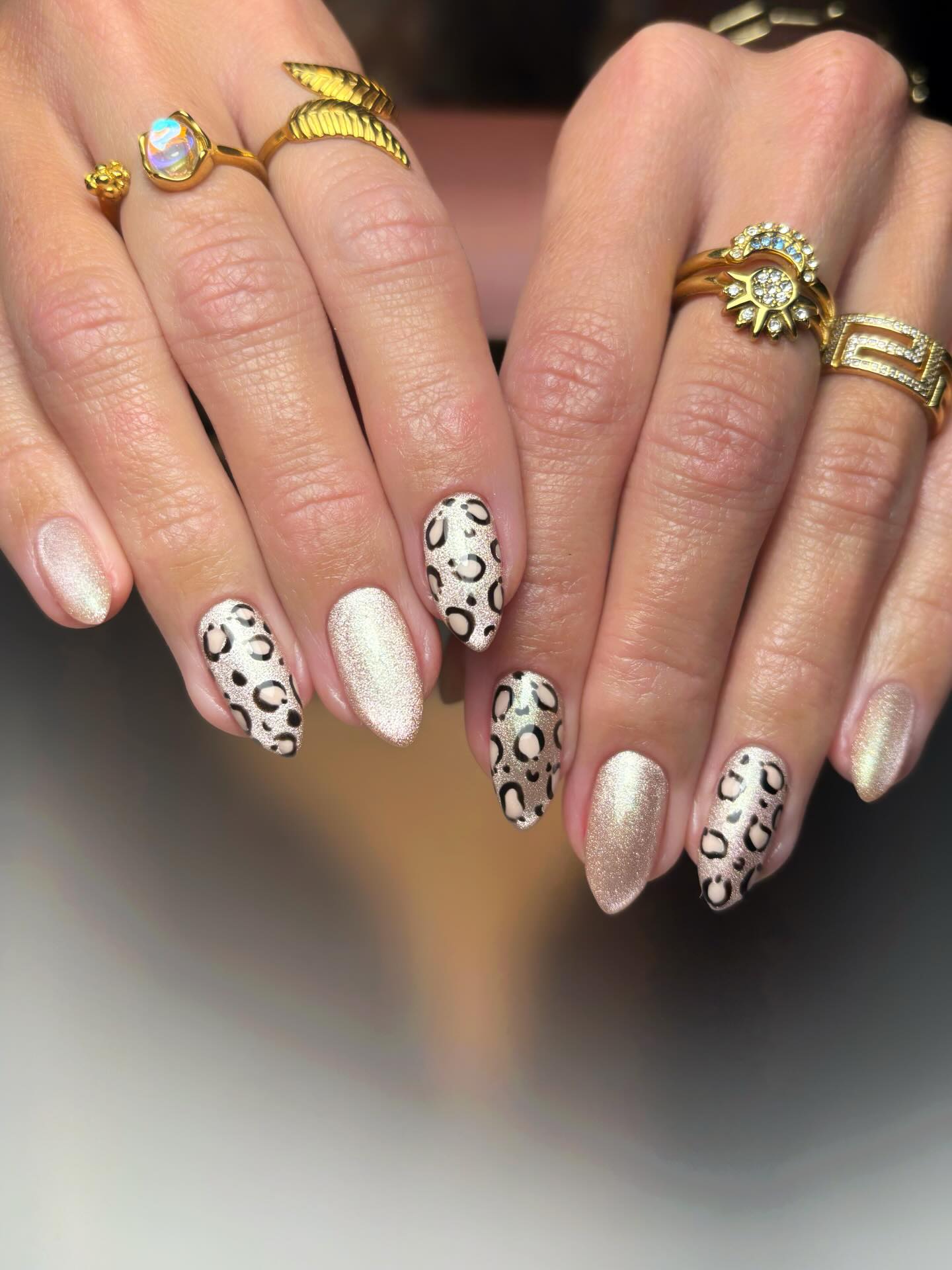 Champagne Glitter Leopard Print Almond Nails